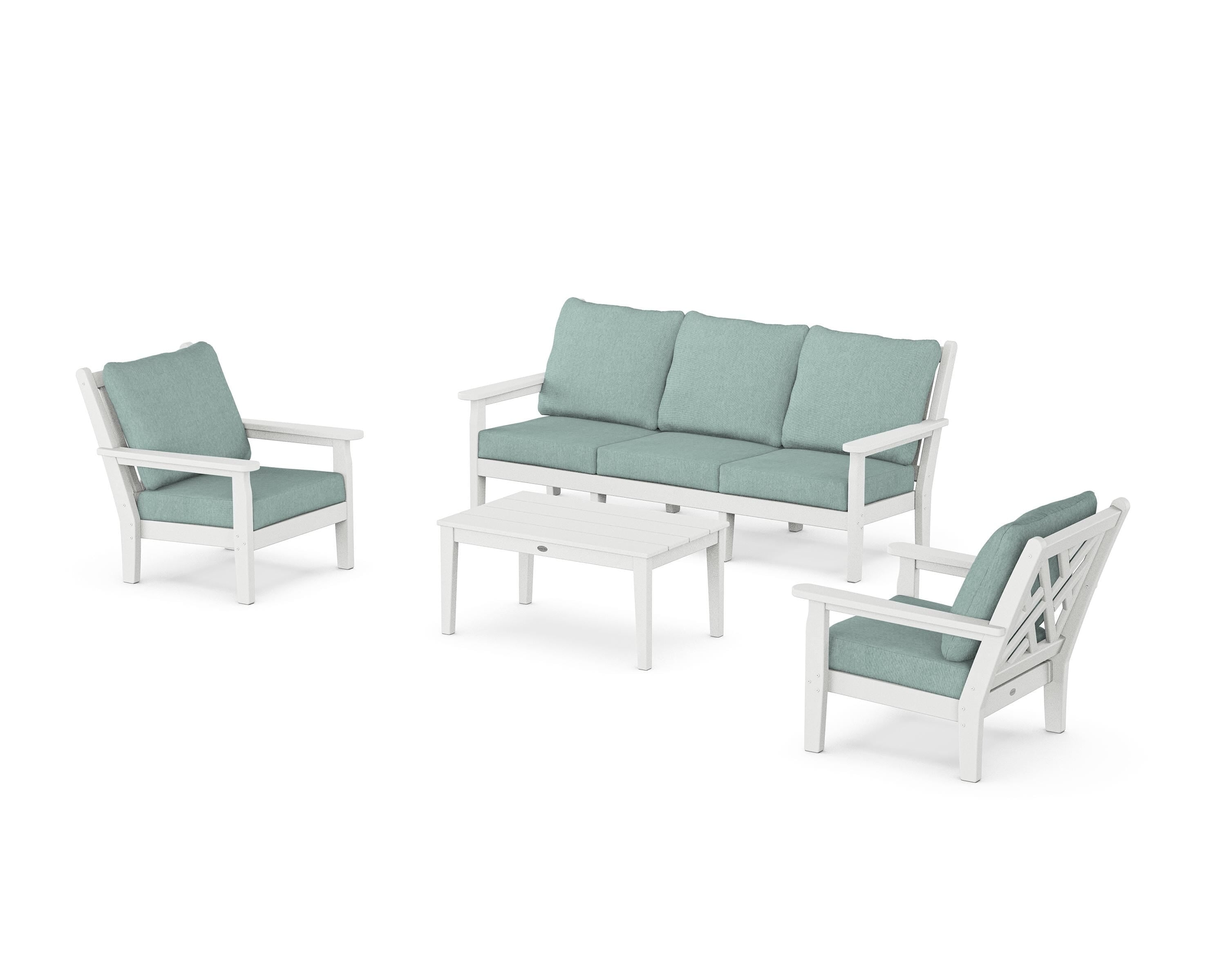 POLYWOOD® Chippendale 4-Piece Deep Seating Set with Sofa in White / Glacier Spa
