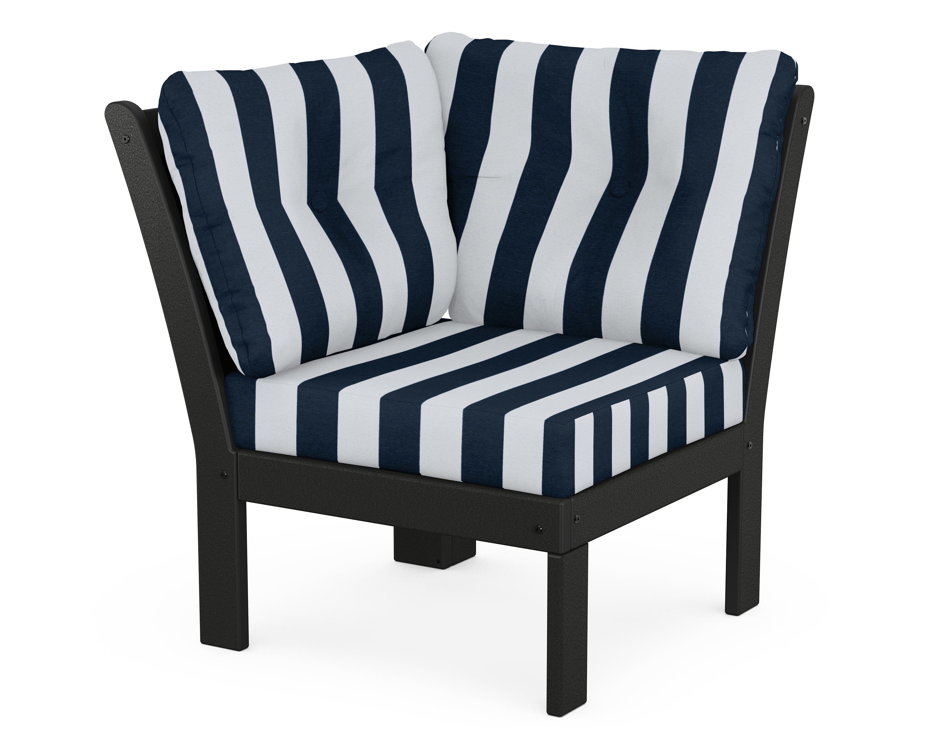 POLYWOOD® Vineyard Modular Corner Chair in Black / Cabana Stripe Marine Indigo