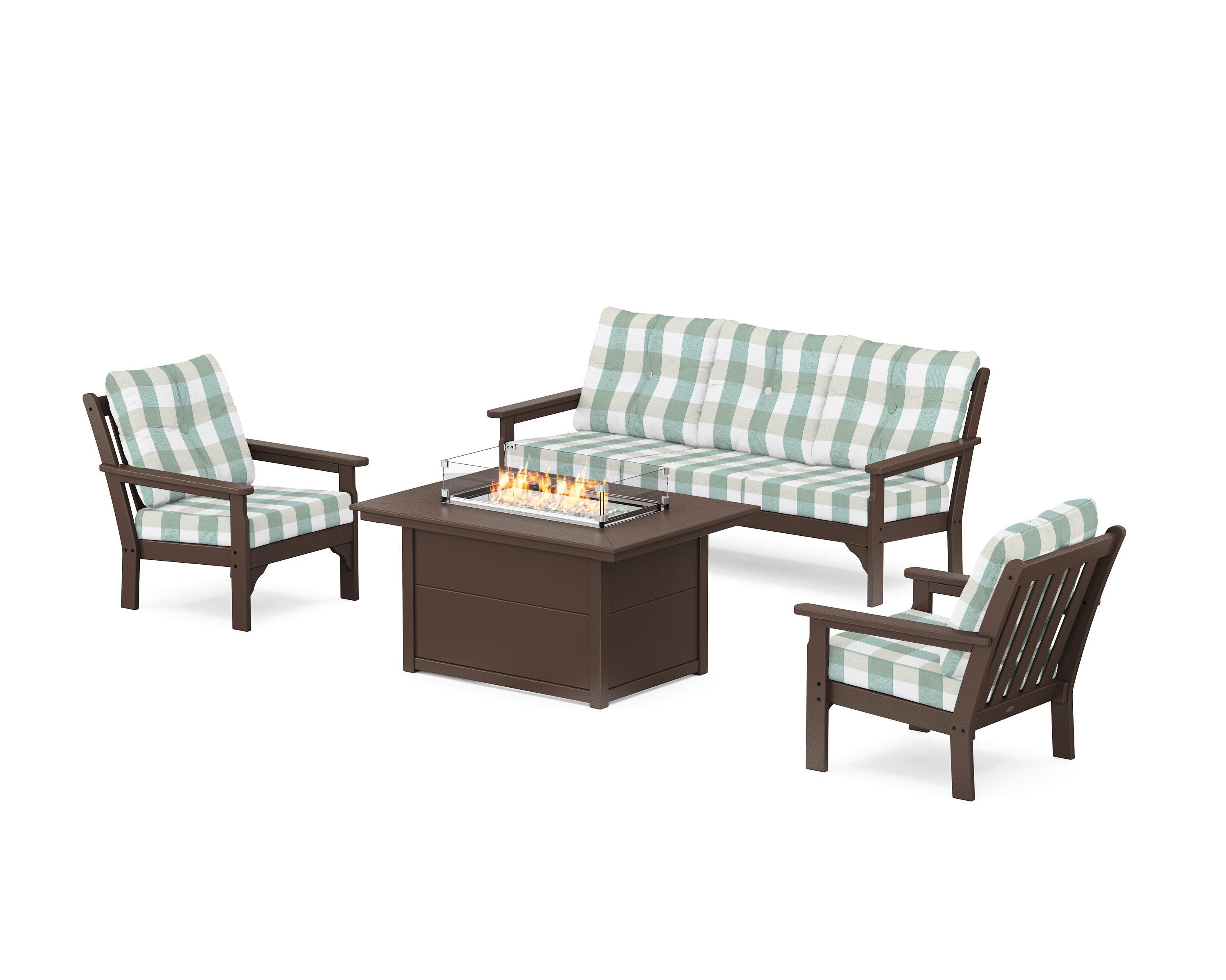 POLYWOOD® Vineyard Deep Seating Fire Pit Table Set in Mahogany / Buffalo Plaid Glacier Spa