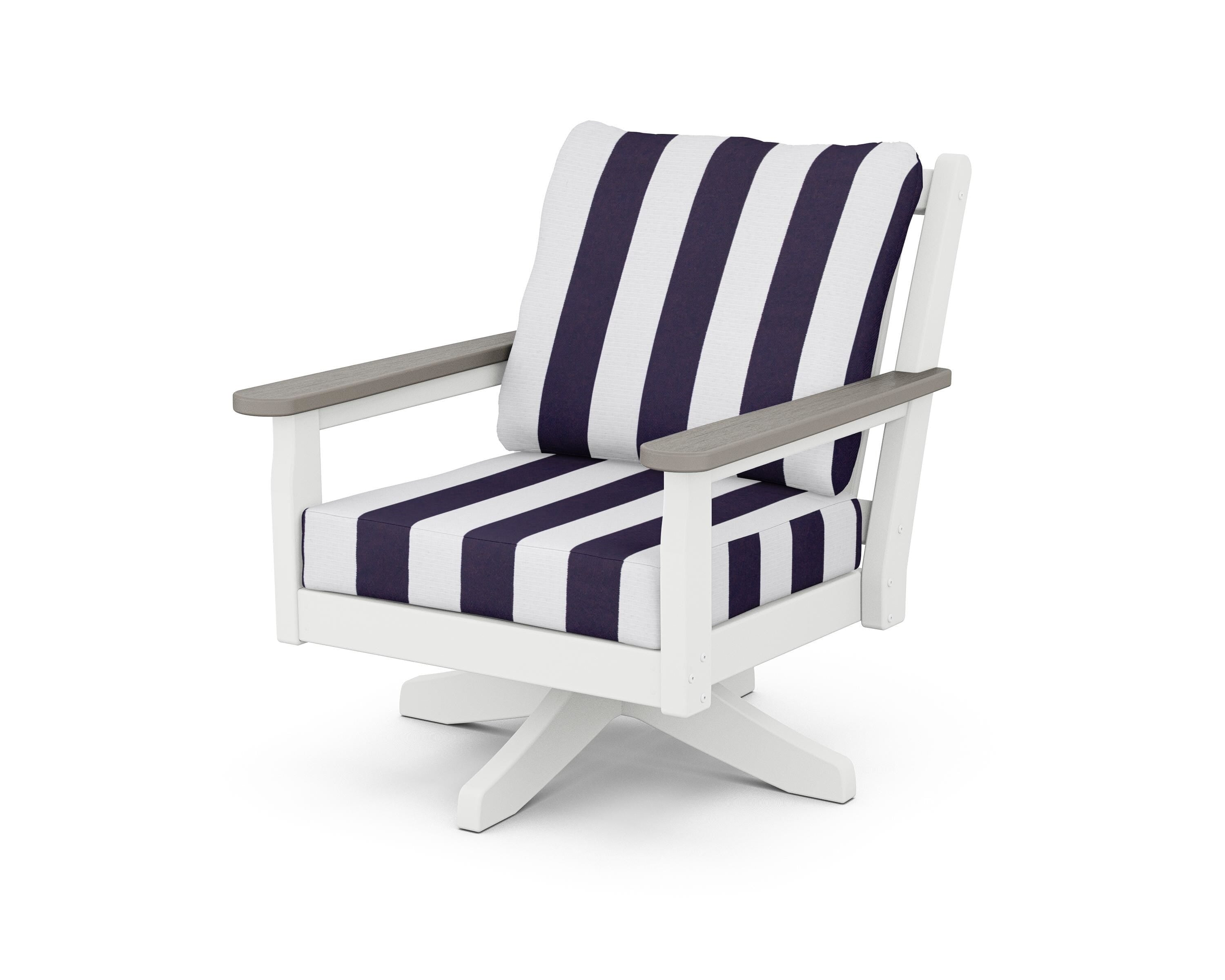 POLYWOOD® Chippendale Deep Seating Swivel Chair in White / Driftwood / Cabana Stripe Navy