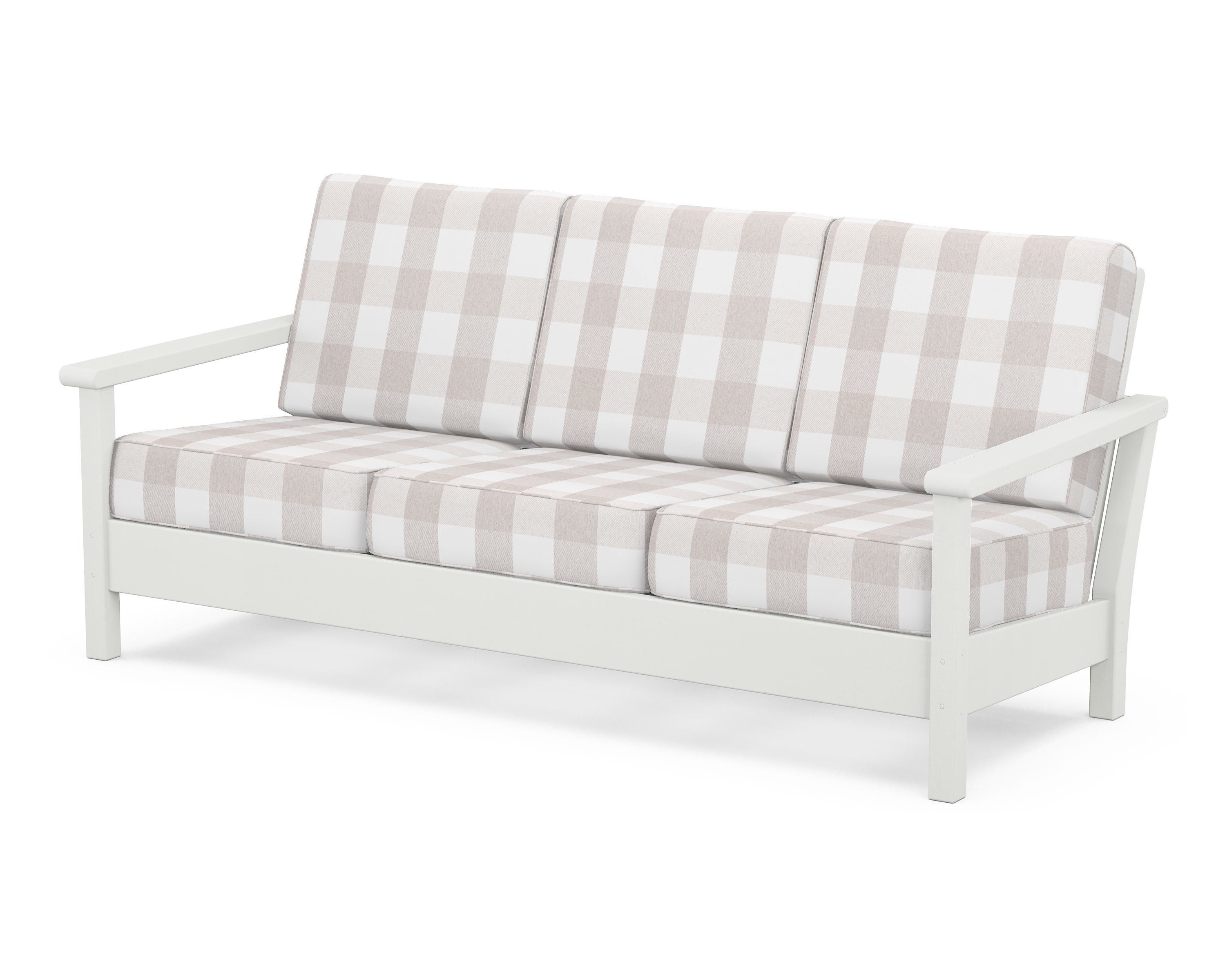 POLYWOOD® Harbour Deep Seating Sofa in Vintage White / Buffalo Plaid Dune Burlap