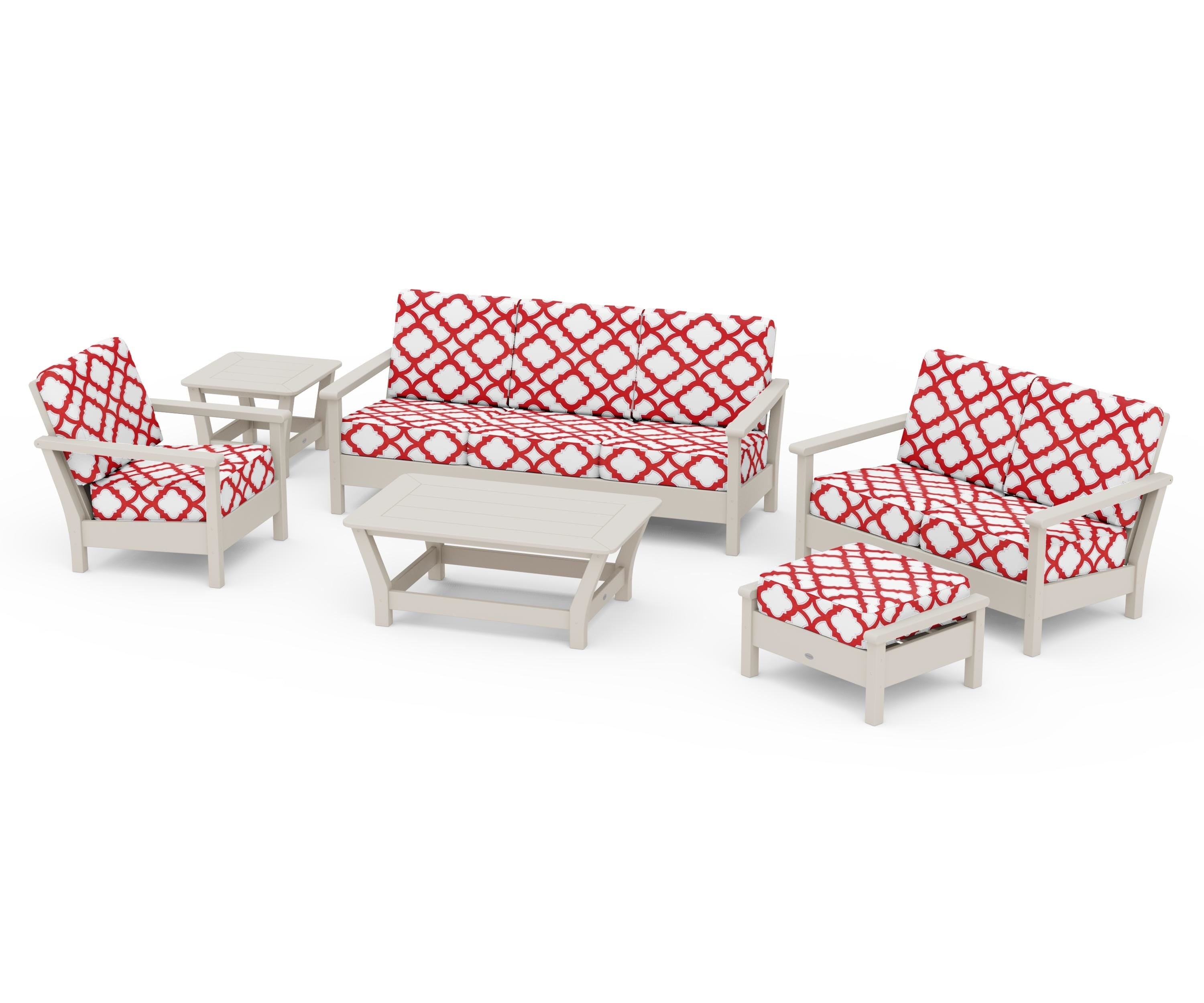 POLYWOOD® Harbour 6-Piece Outdoor Living Set in Sand / Trellis Crimson