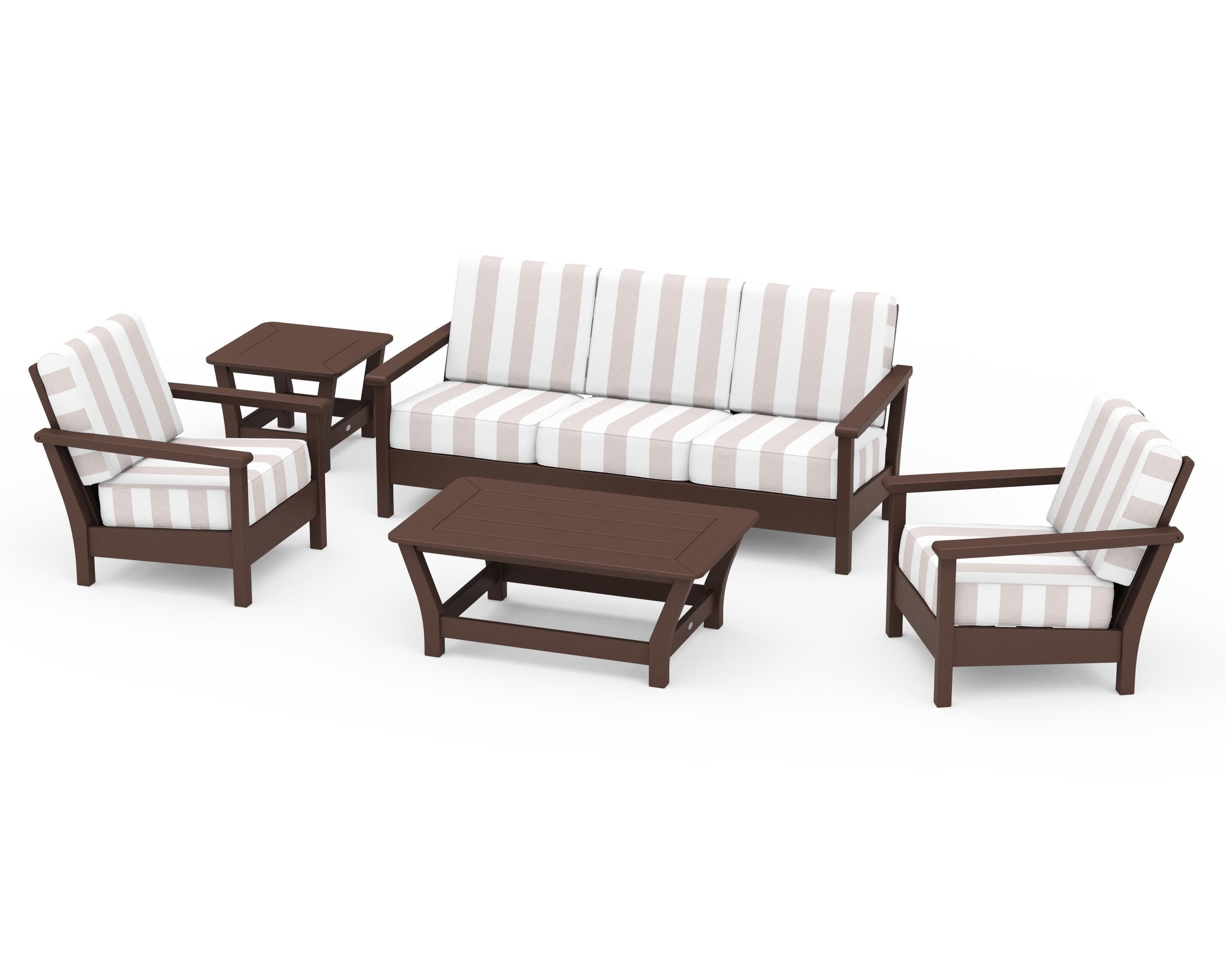 POLYWOOD® Harbour 5-Piece Deep Seating Set in Mahogany / Cabana Stripe Dune Burlap
