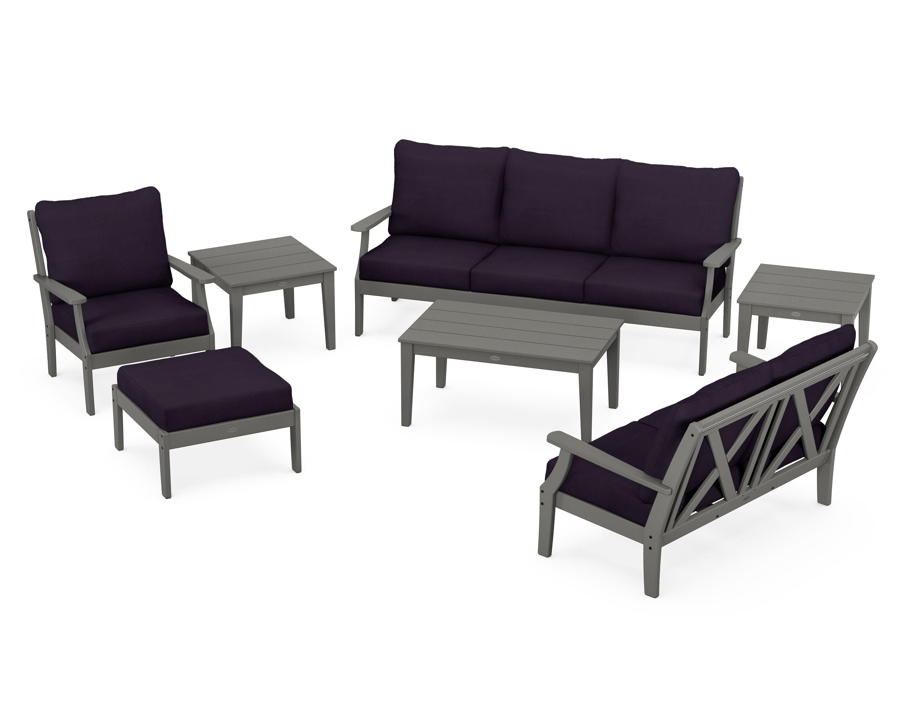 POLYWOOD® Braxton 7-Piece Deep Seating Set in Slate Grey / Navy Linen