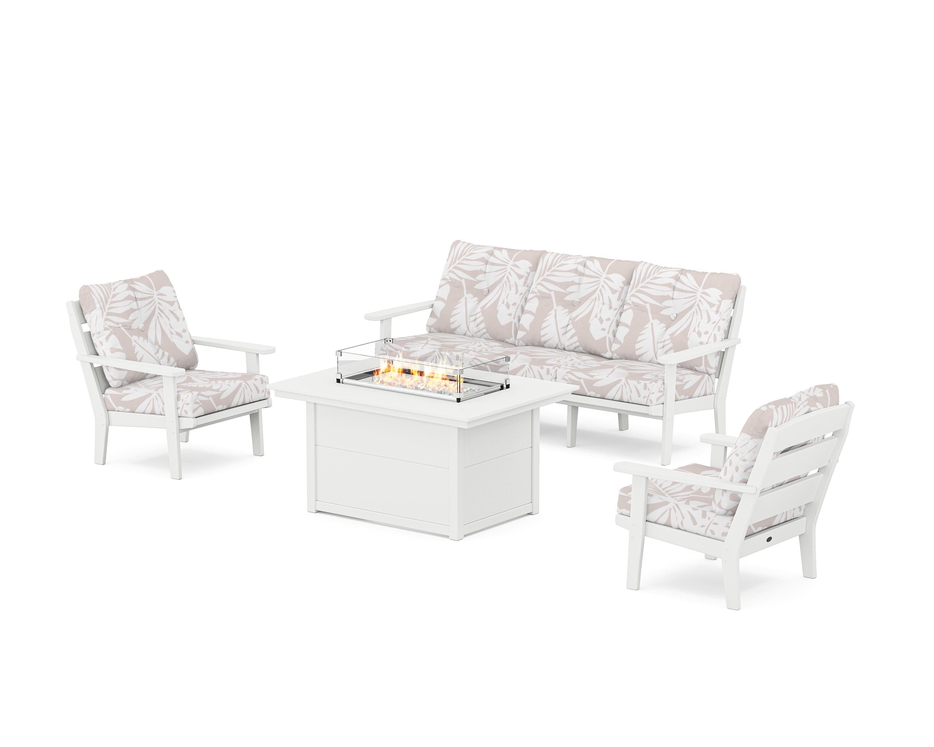 POLYWOOD® Lakeside Deep Seating Fire Pit Table Set in White / Leaf Dune Burlap