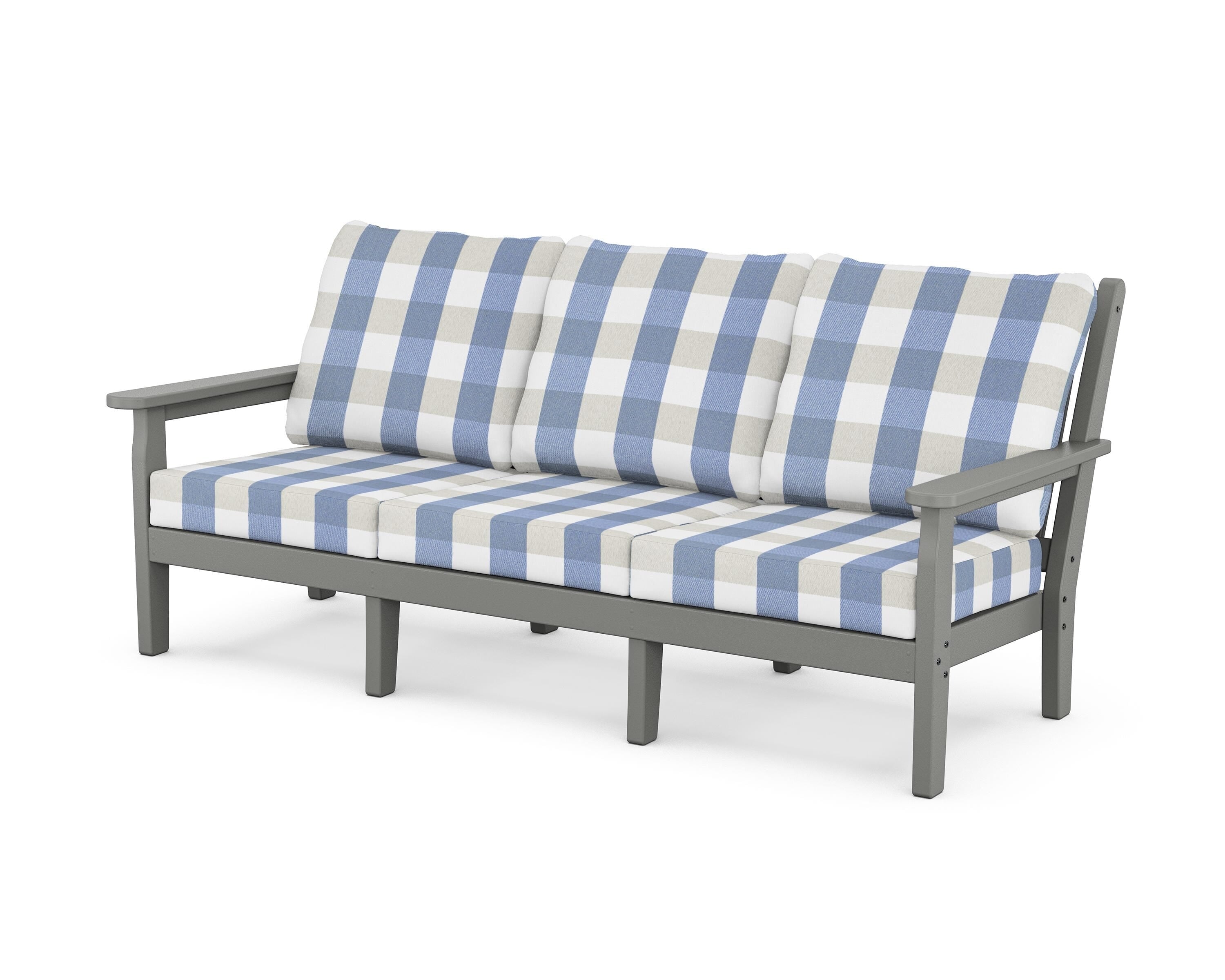 POLYWOOD® Chippendale Deep Seating Sofa in Slate Grey / Buffalo Plaid Sky Blue