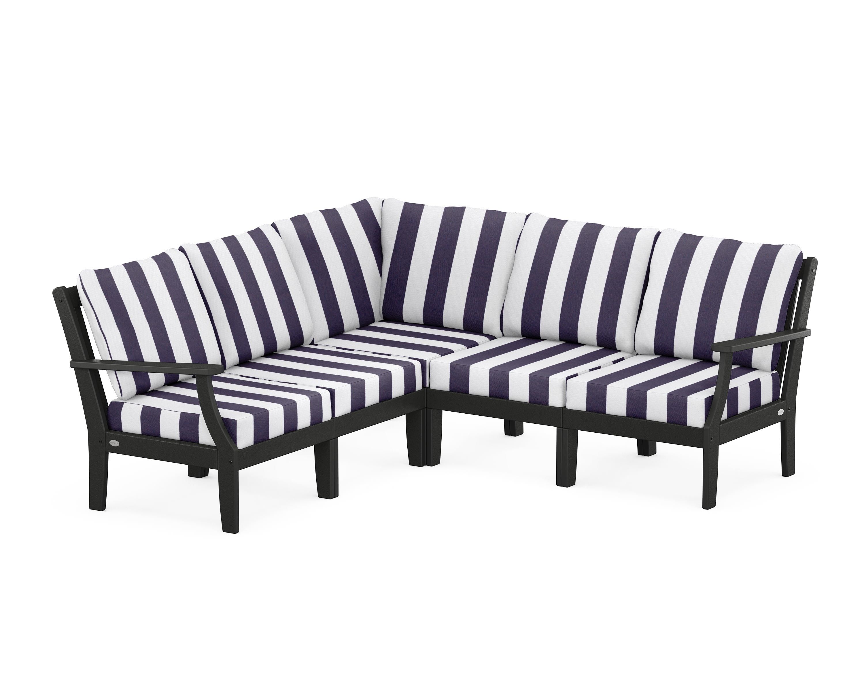 POLYWOOD® Braxton Modular 5-Piece Deep Seating Set in Black / Cabana Stripe Navy