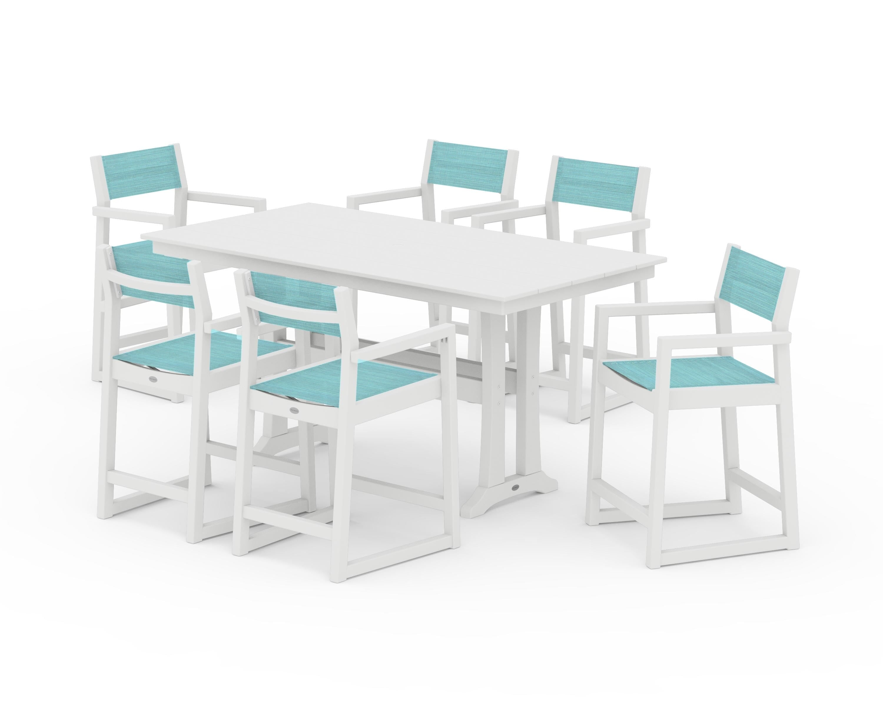 POLYWOOD® EDGE Sling Arm Chair 7-Piece Farmhouse Counter Set with Trestle Legs in White / Dupioni Aquamarine Sling