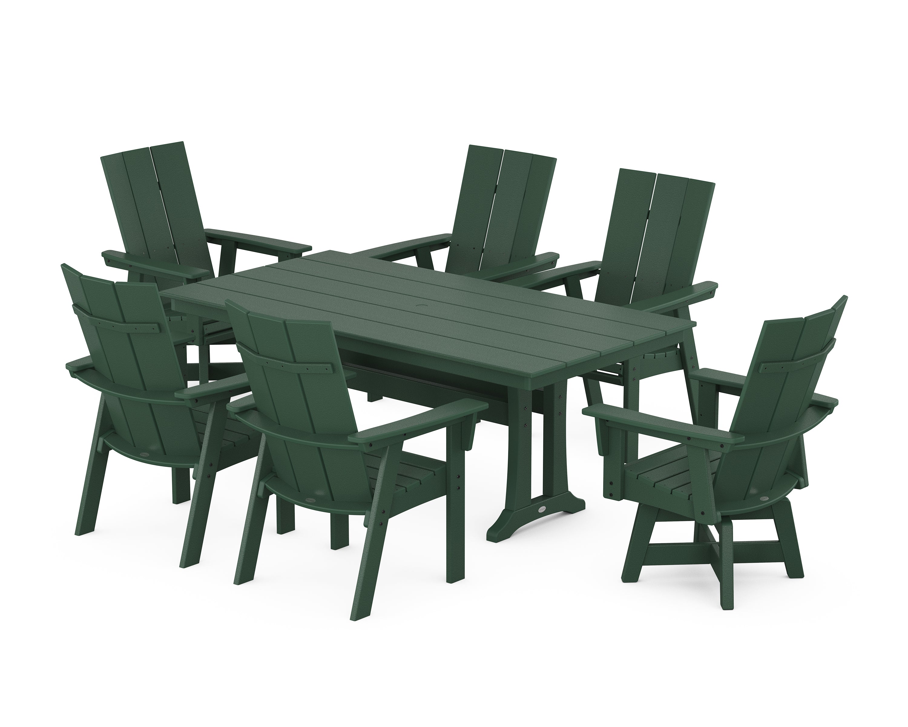 POLYWOOD® Modern Curveback Adirondack Swivel Chair 7-Piece Farmhouse Dining Set With Trestle Legs in Green
