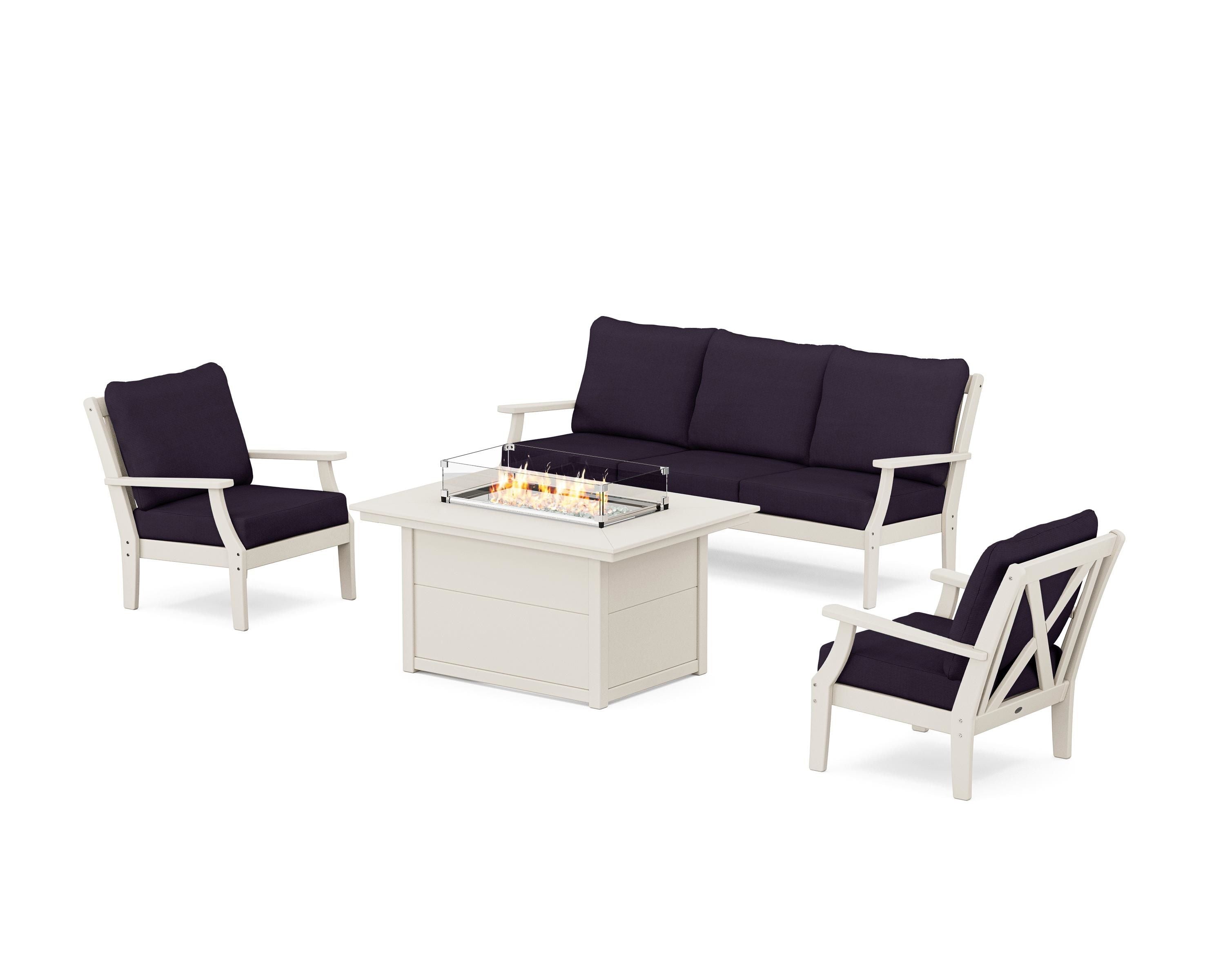 POLYWOOD® Braxton Deep Seating Fire Pit Table Set in Sand / Navy Linen