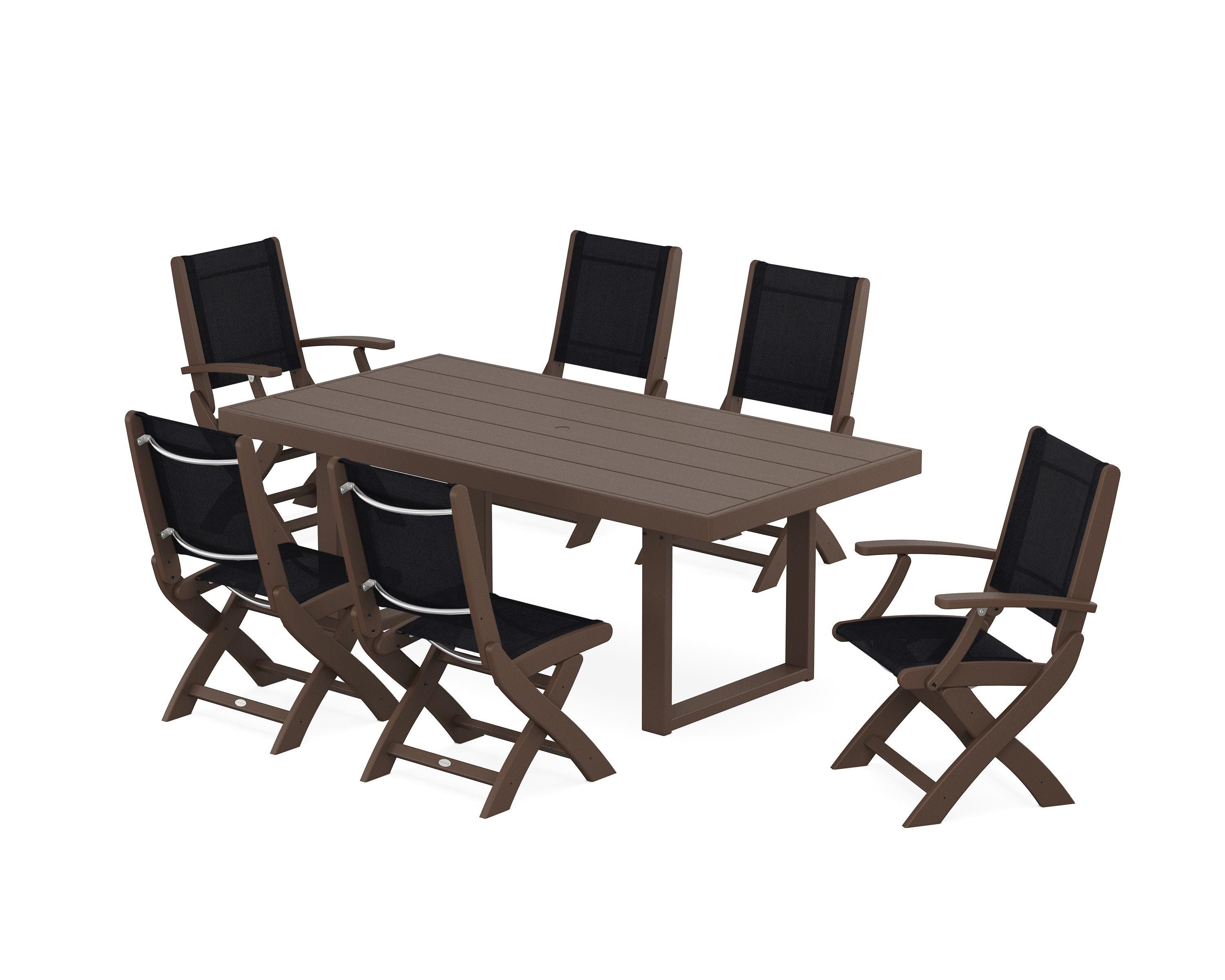 POLYWOOD® Coastal Folding Chair 7-Piece Dining Set with Trestle Legs in Mahogany / Black Sling