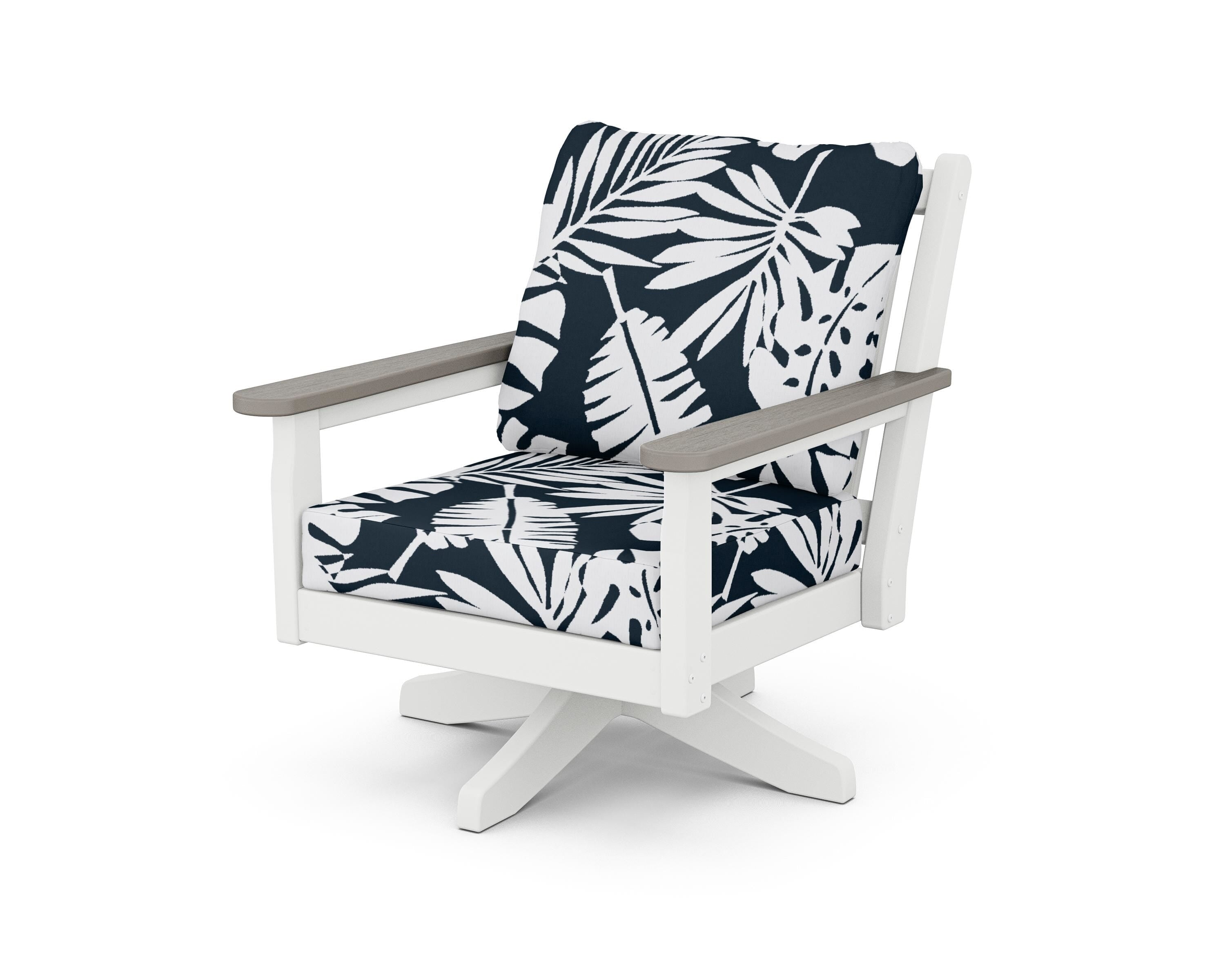POLYWOOD® Chippendale Deep Seating Swivel Chair in White / Driftwood / Leaf Marine Indigo