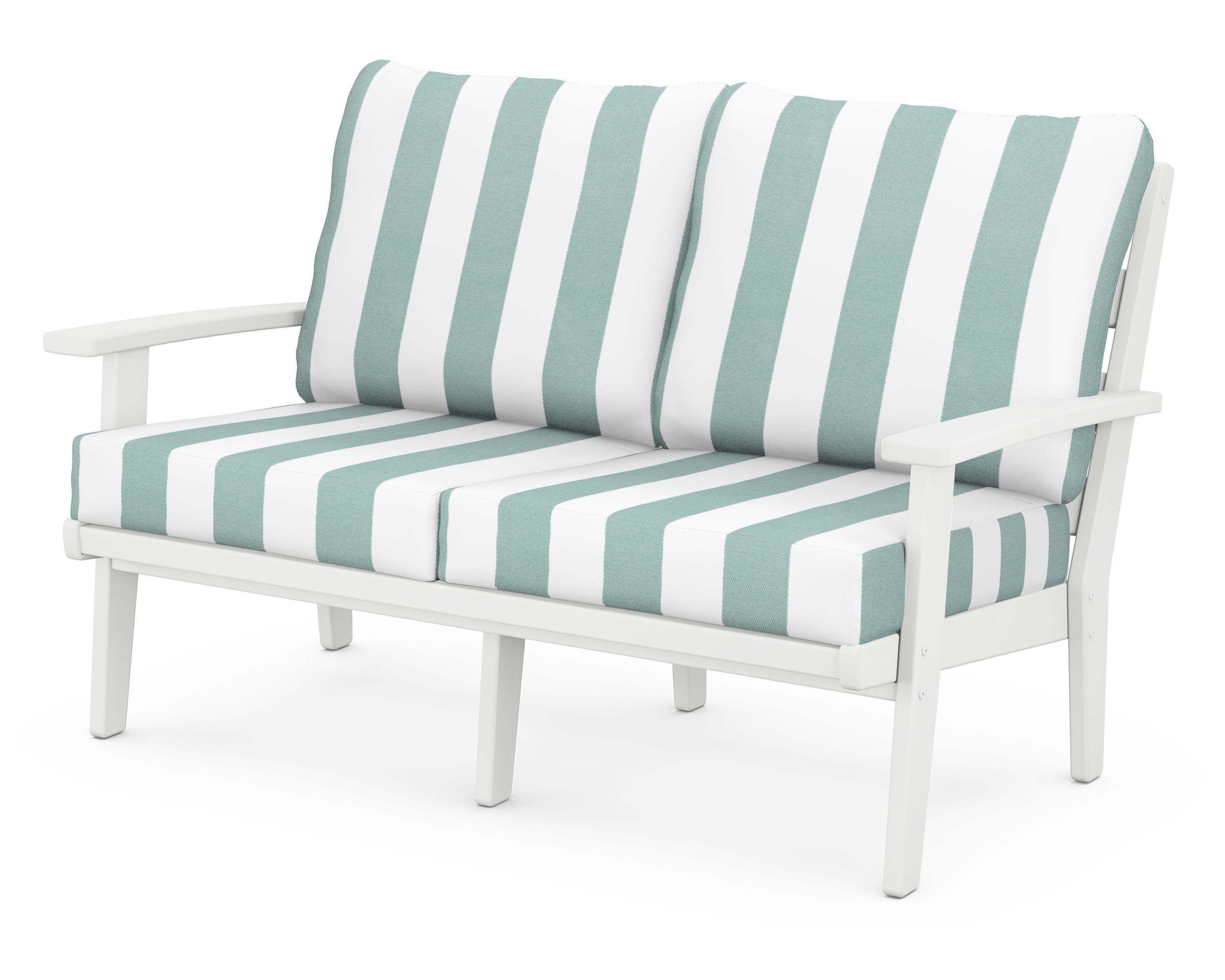 POLYWOOD® Grant Park Deep Seating Loveseat in White / Cabana Stripe Glacier Spa