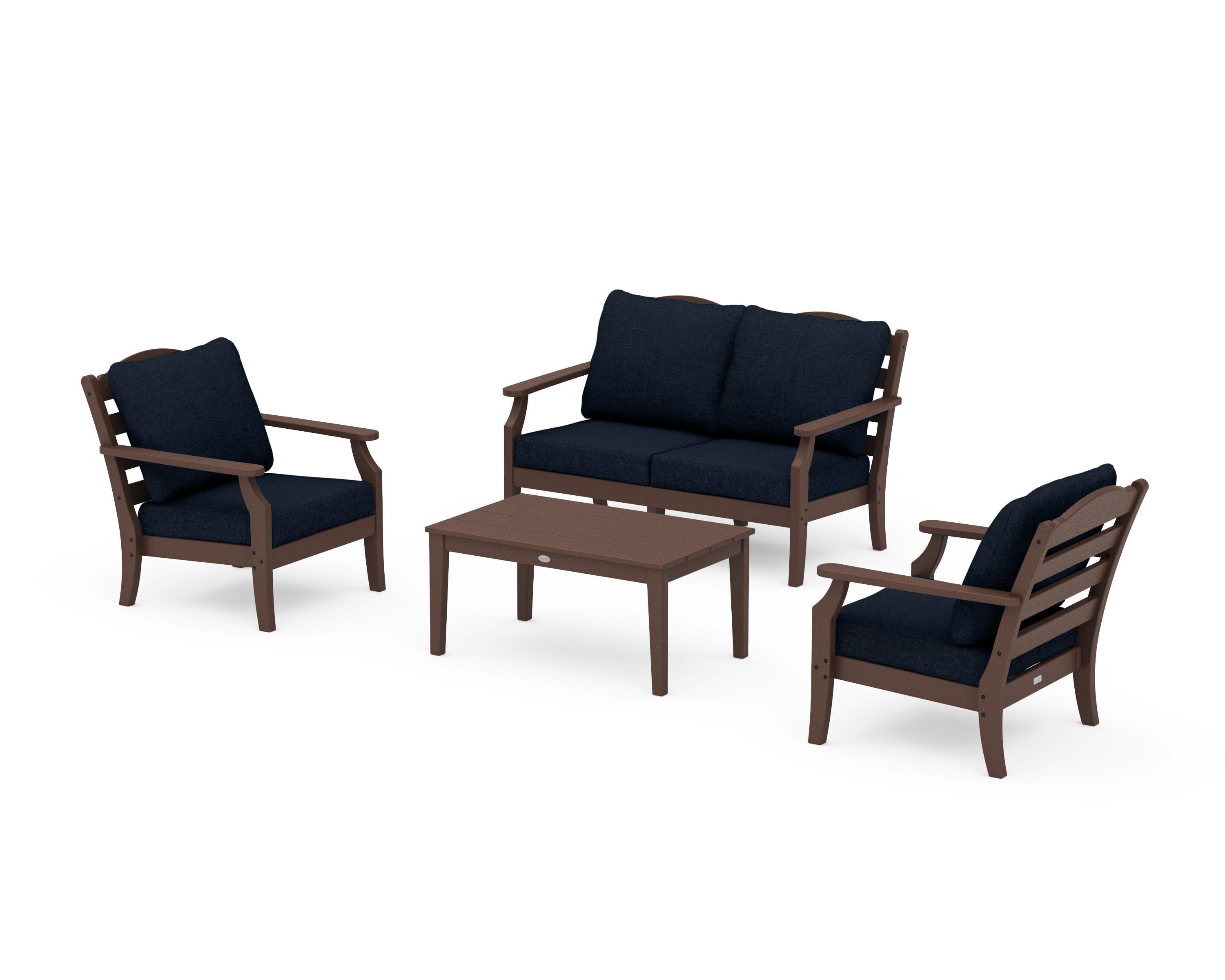 Draper James™ by POLYWOOD® Savannah 4-Piece Deep Seating Set with Loveseat in Mahogany / Marine Indigo