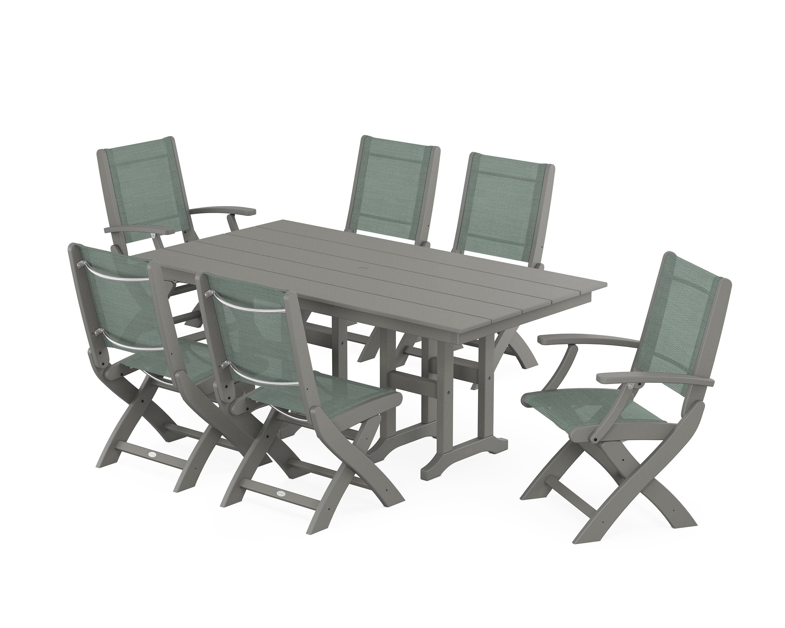 POLYWOOD® Coastal Folding Chair 7-Piece Farmhouse Dining Set in Slate Grey / Dupioni Sea Mist Sling