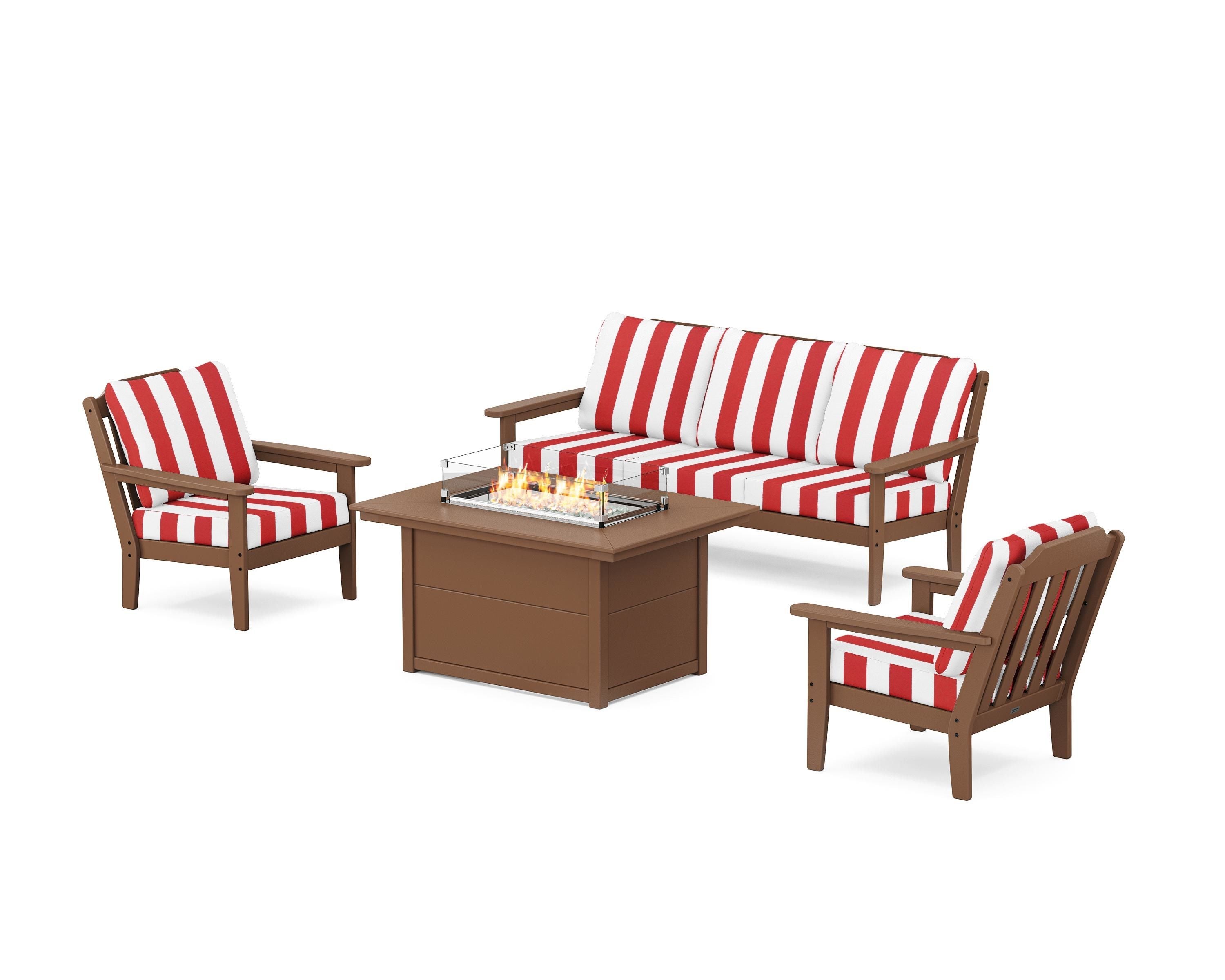 Country Living Cottage Deep Seating Fire Pit Table Set in Teak / Cabana Stripe Crimson