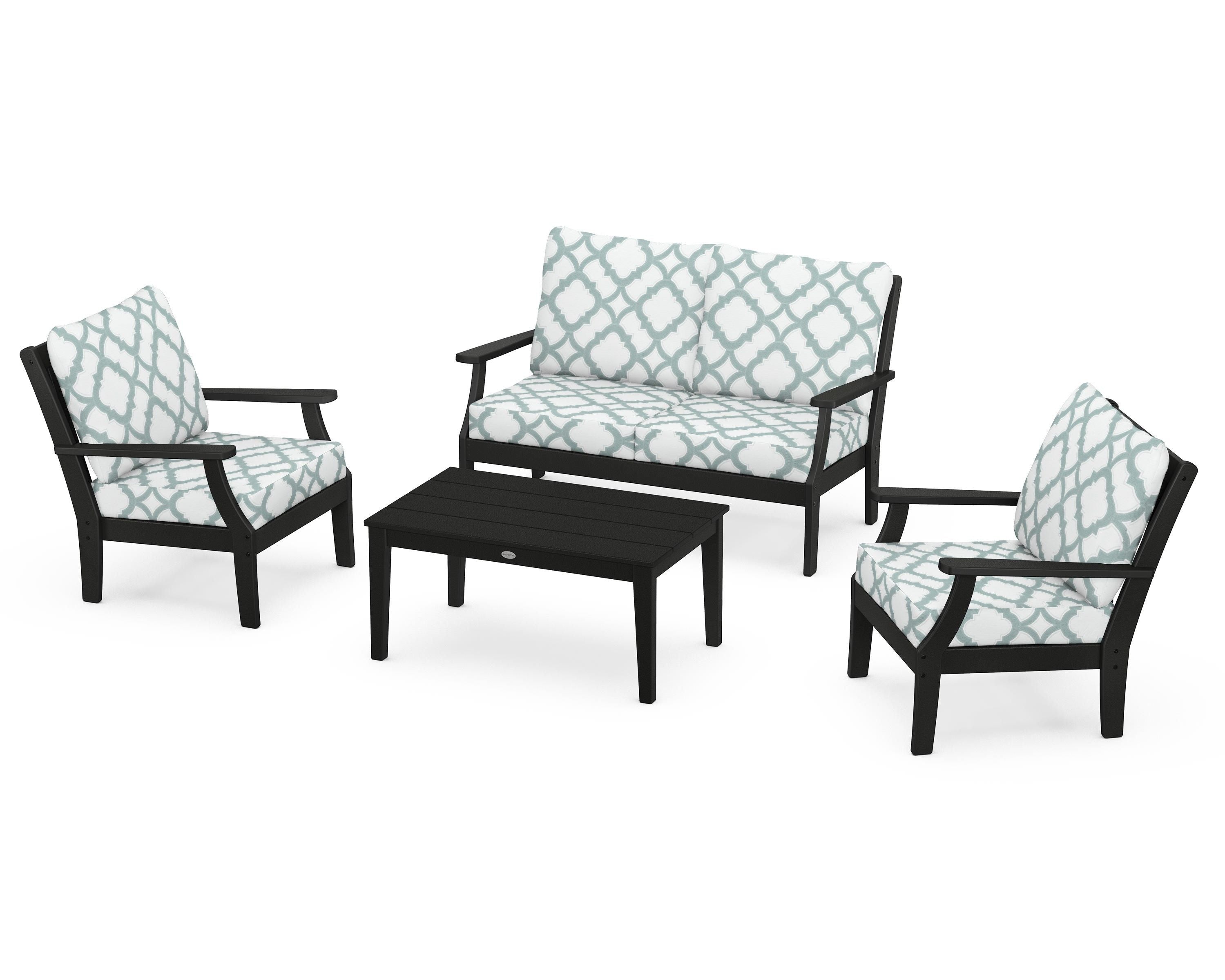 POLYWOOD® Braxton 4-Piece Deep Seating Chair Set in Black / Trellis Glacier Spa