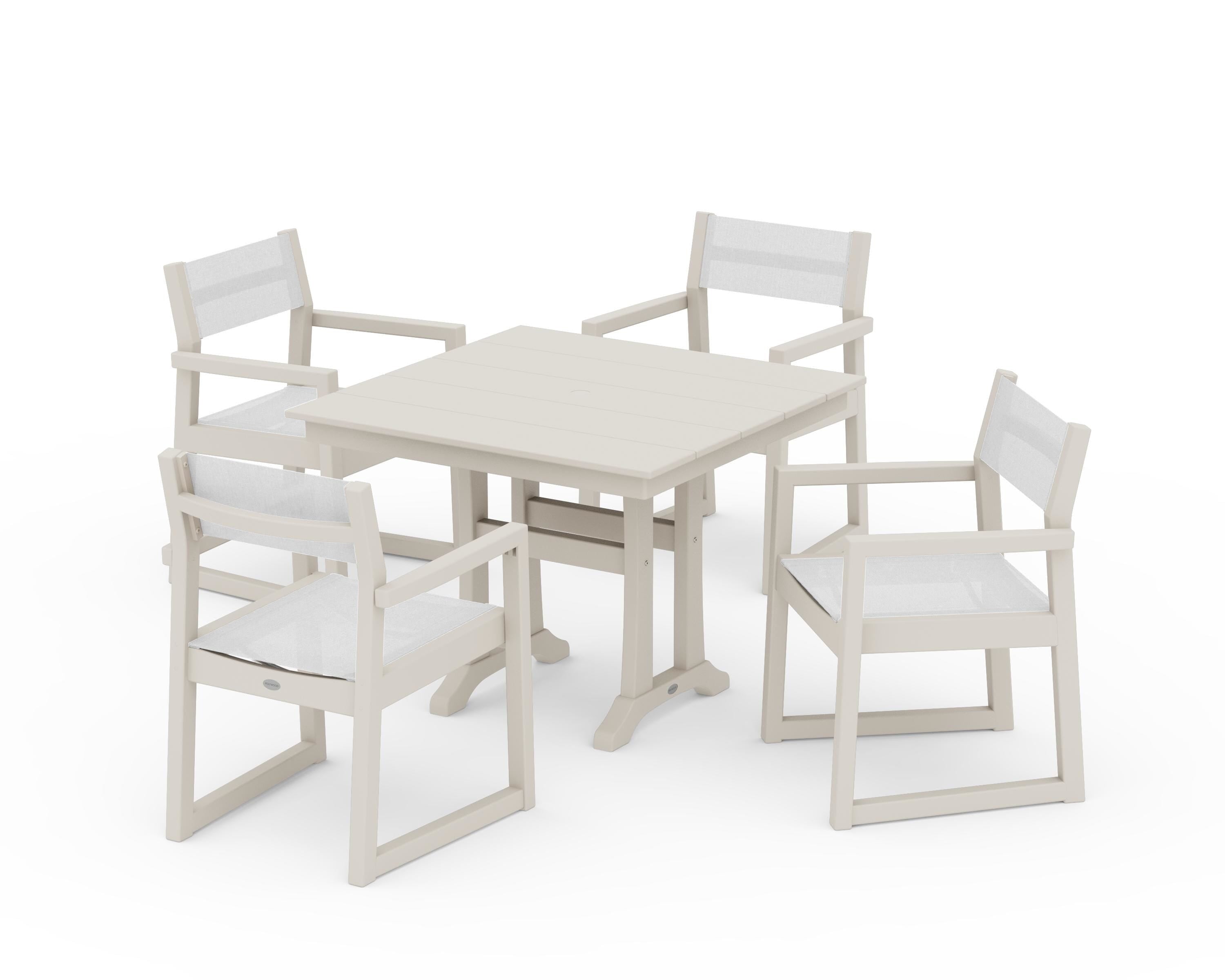 POLYWOOD® EDGE Sling 5-Piece Farmhouse Dining Set with Trestle Legs in Sand / White Sling