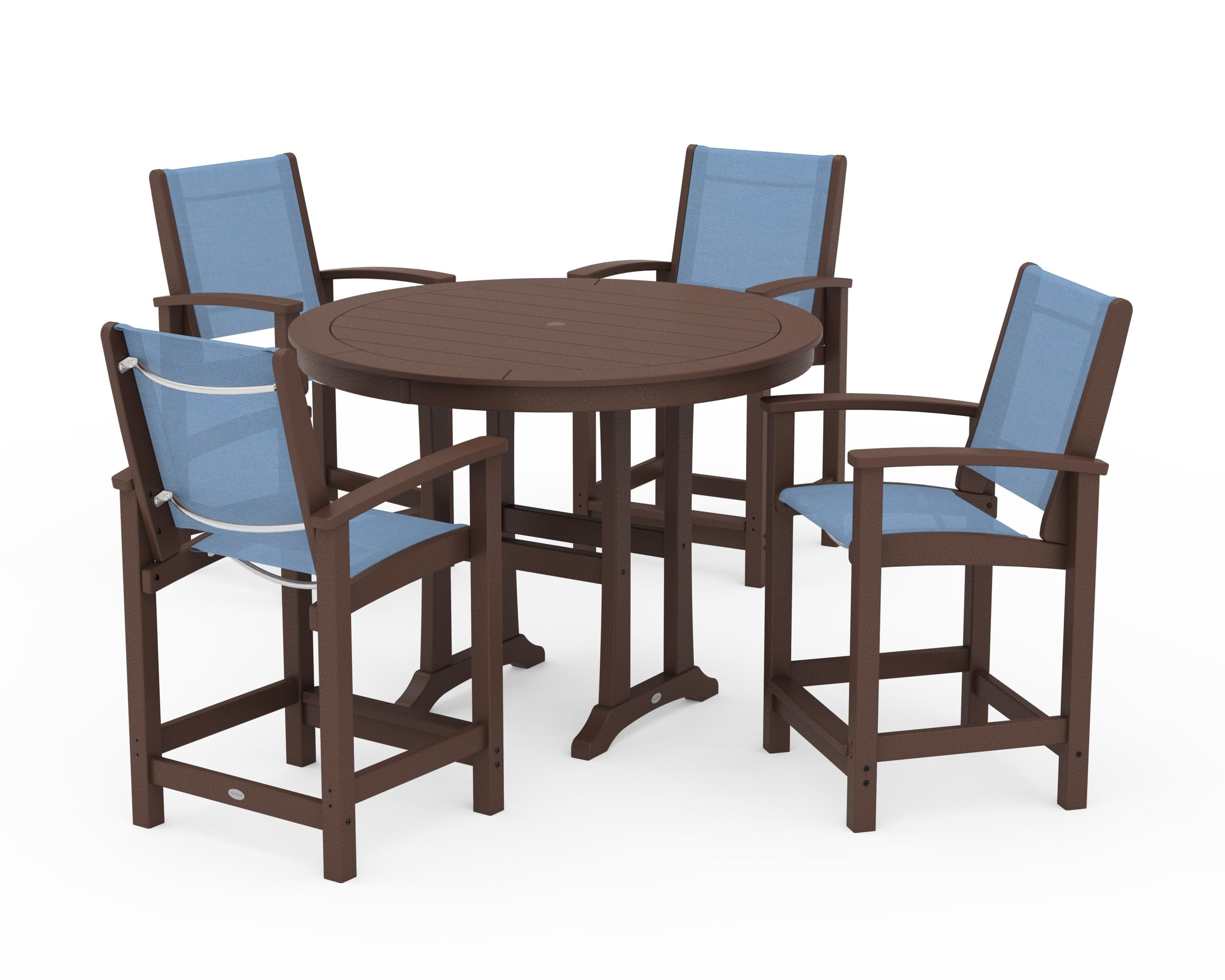 POLYWOOD® Coastal 5-Piece Counter Set in Mahogany / Poolside Sling