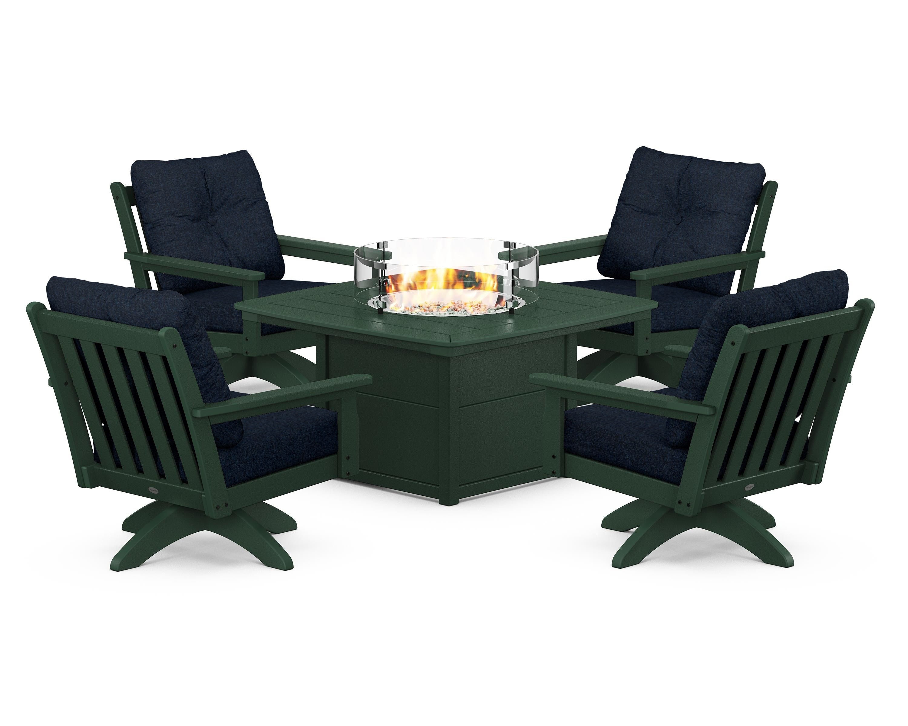 POLYWOOD® Vineyard 5-Piece Deep Seating Swivel Conversation Set with Fire Pit Table in Green / Marine Indigo