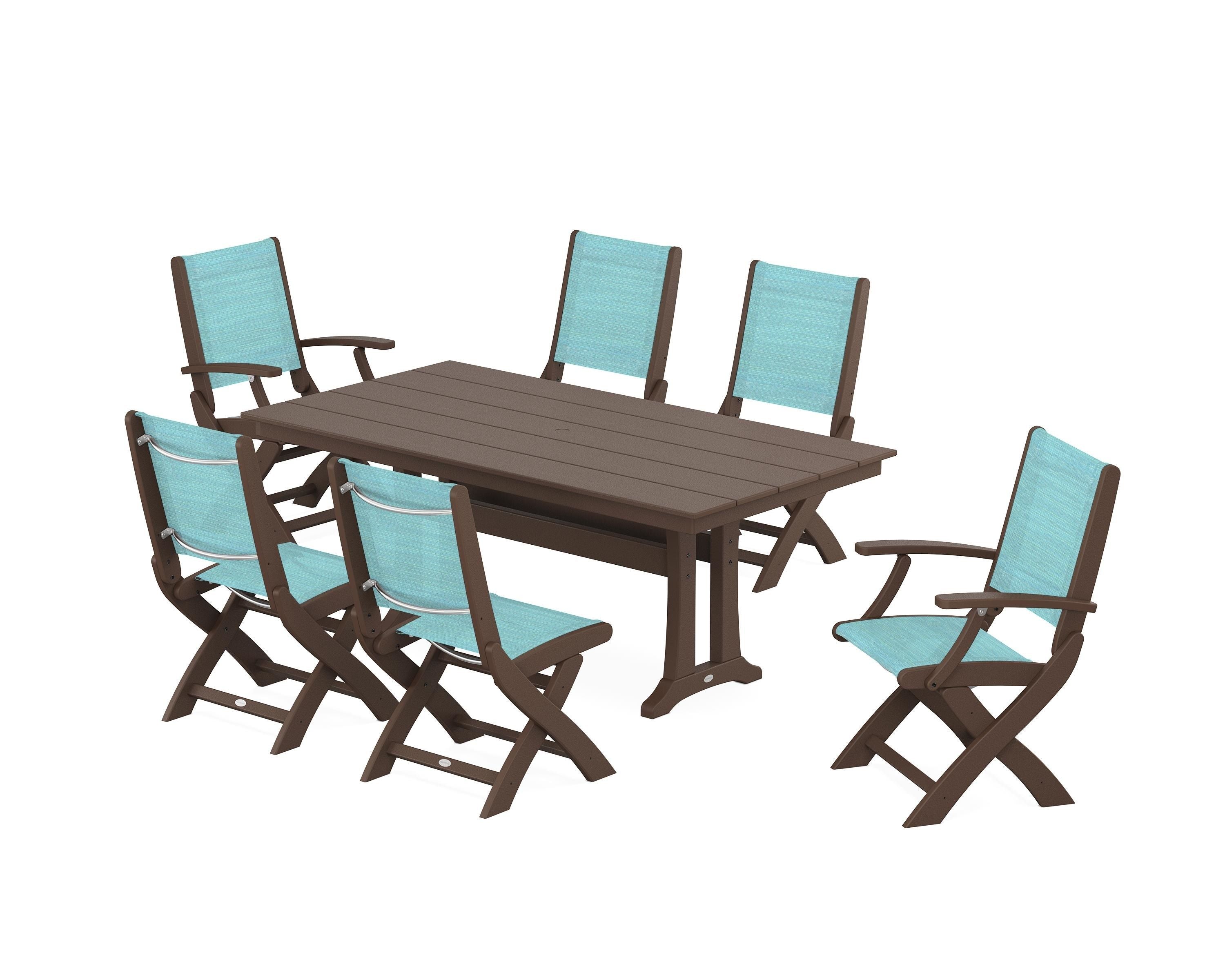 POLYWOOD® Coastal Folding Chair 7-Piece Farmhouse Dining Set with Trestle Legs in Mahogany / Dupioni Aquamarine Sling