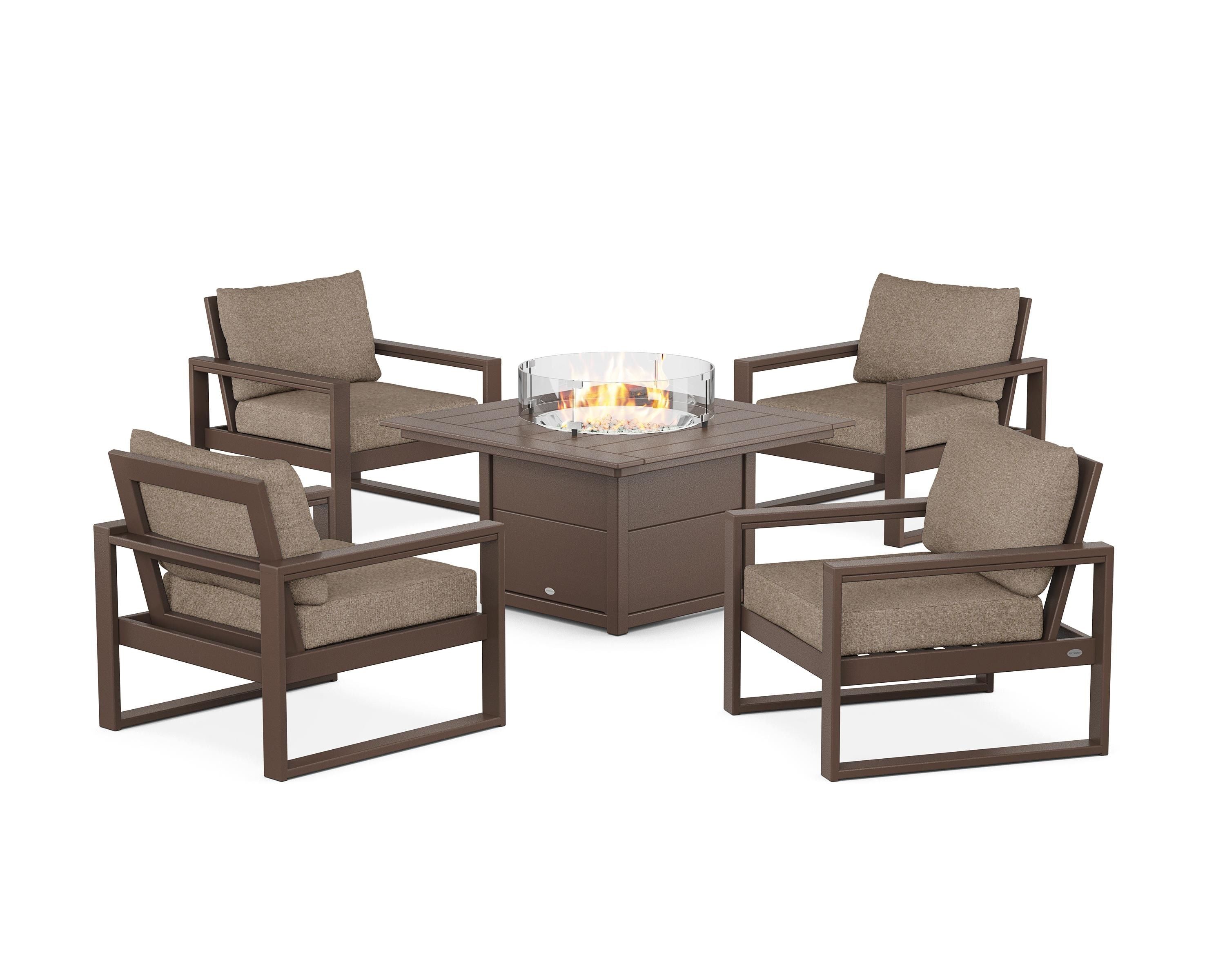 POLYWOOD® EDGE Sectional 5-Piece Deep Seating Set with Fire Pit Table in Mahogany / Spiced Burlap