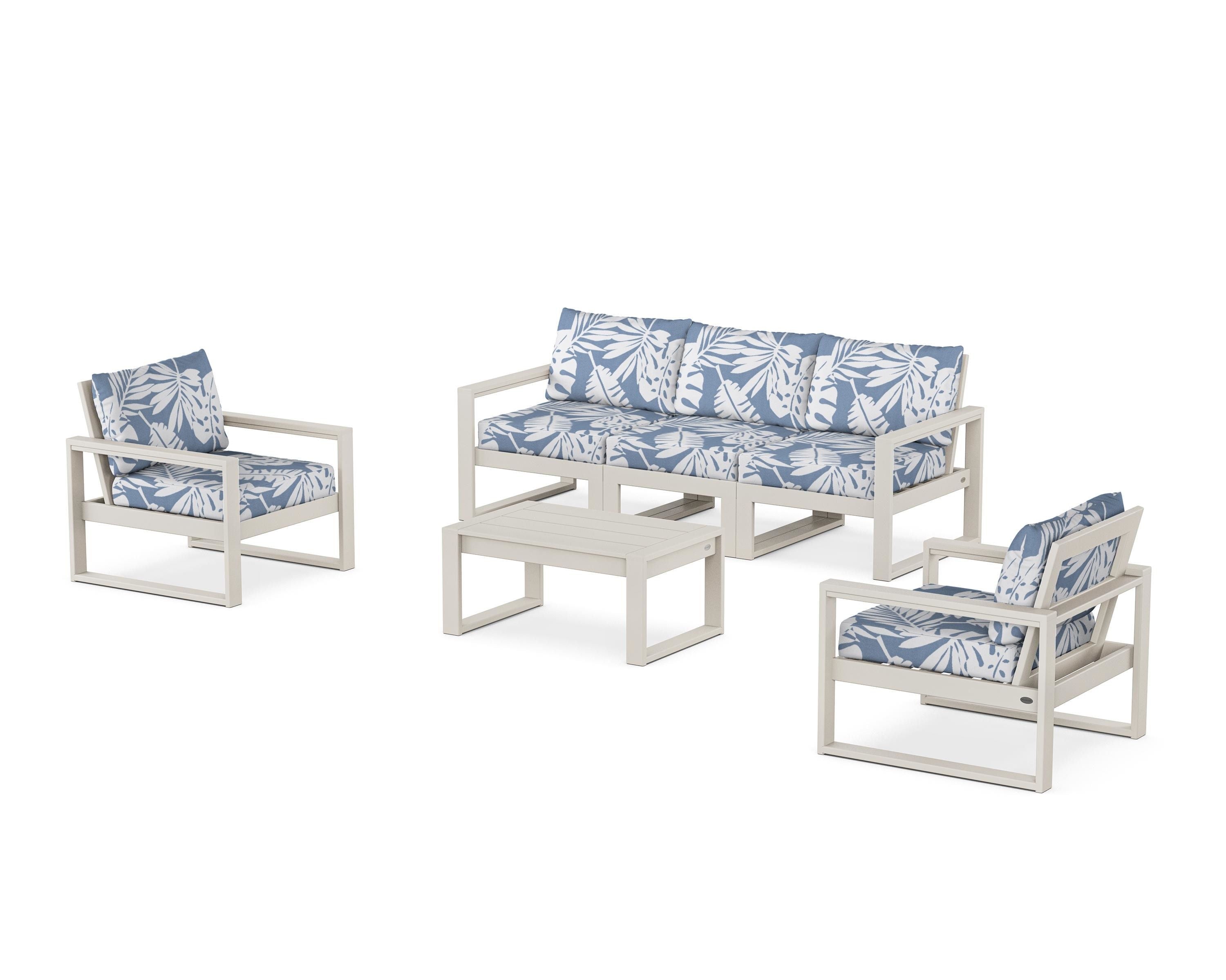 POLYWOOD® EDGE Sectional 4-Piece Deep Seating Set with Sofa in Sand / Leaf Sky Blue
