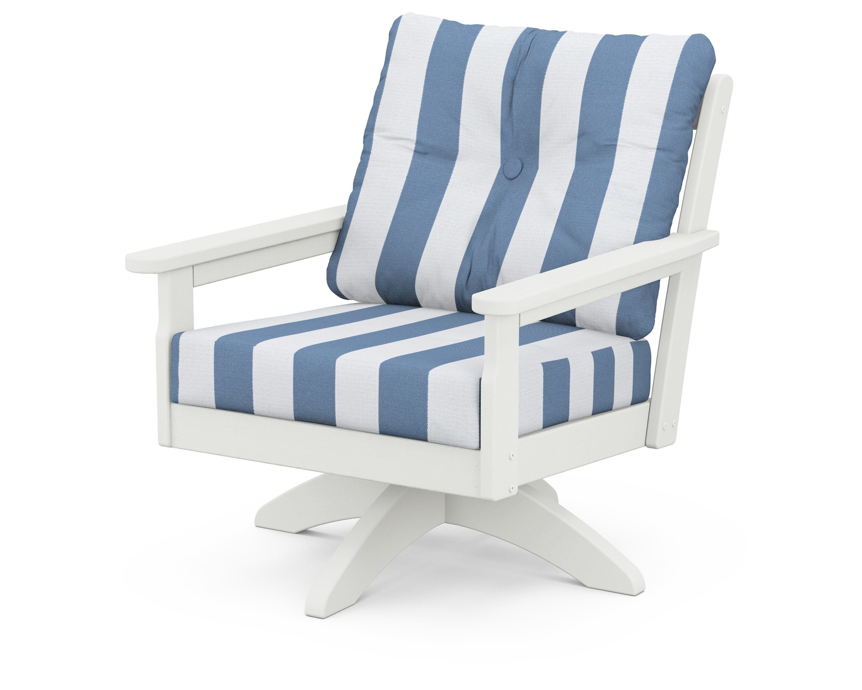 POLYWOOD® Vineyard Deep Seating Swivel Chair in Vintage White / Cabana Stripe Sky Blue