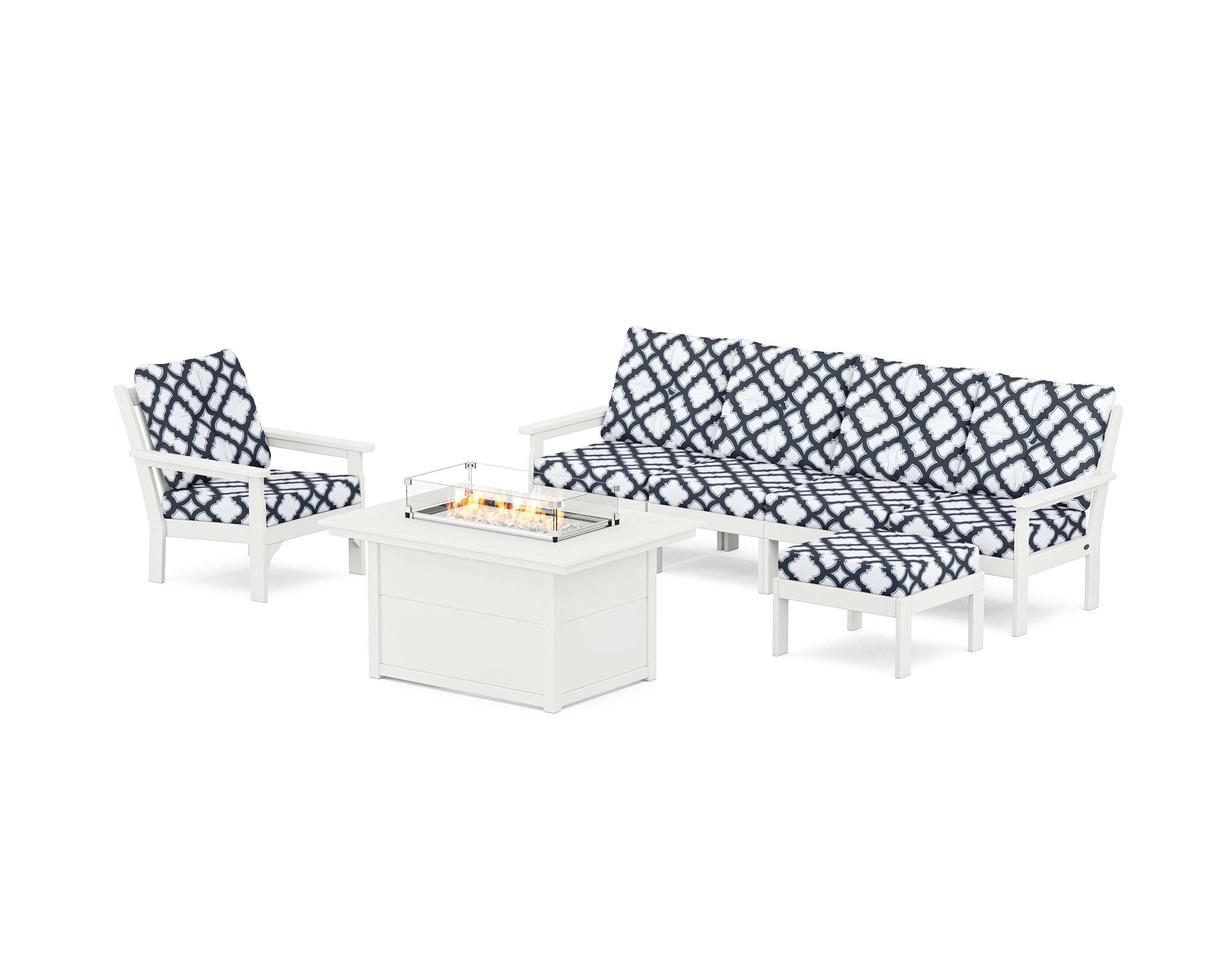 POLYWOOD® Vineyard Sectional Lounge and Fire Pit Set in White / Trellis Marine Indigo