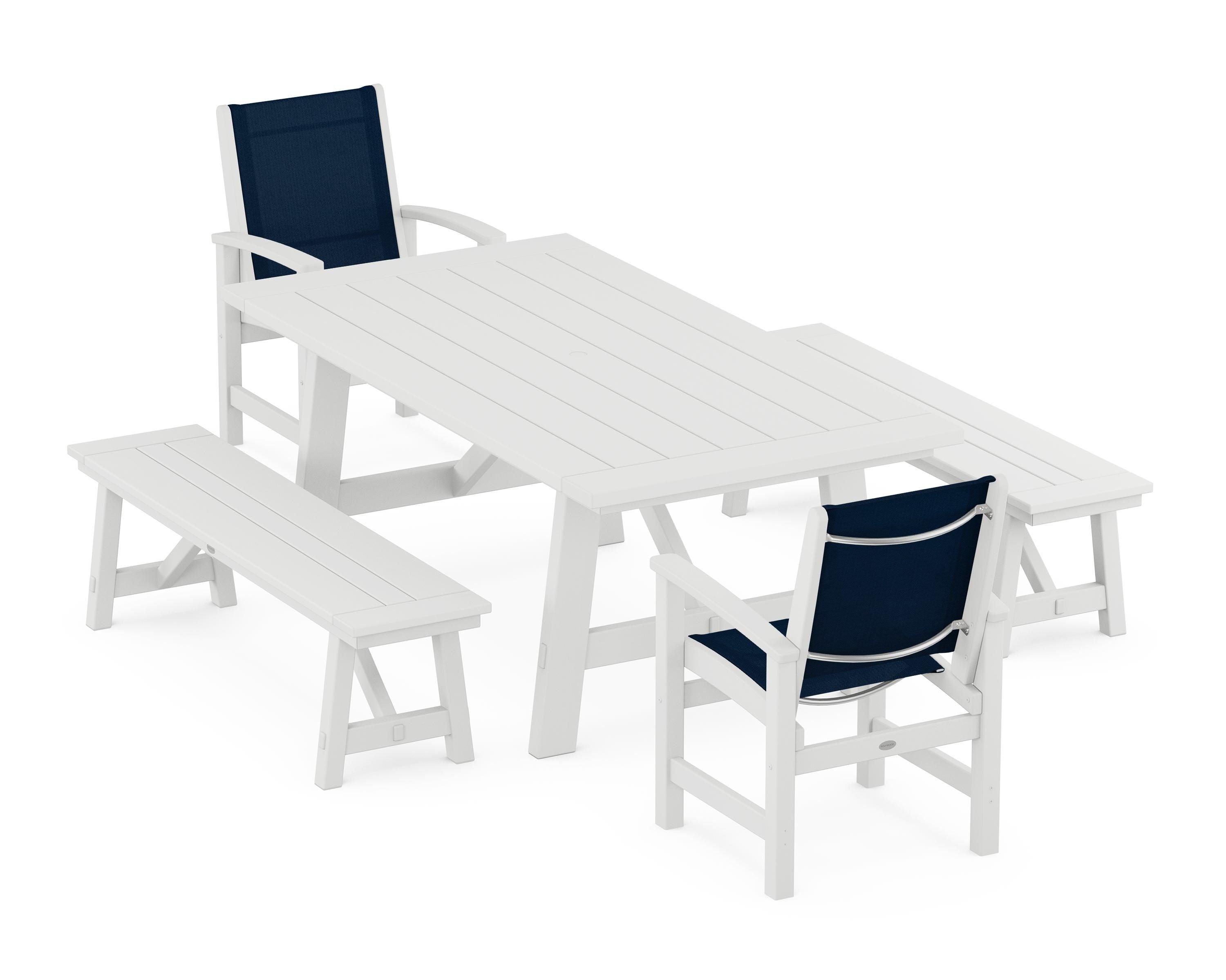POLYWOOD® Coastal 5-Piece Rustic Farmhouse Dining Set With Benches in White / Navy Blue Sling