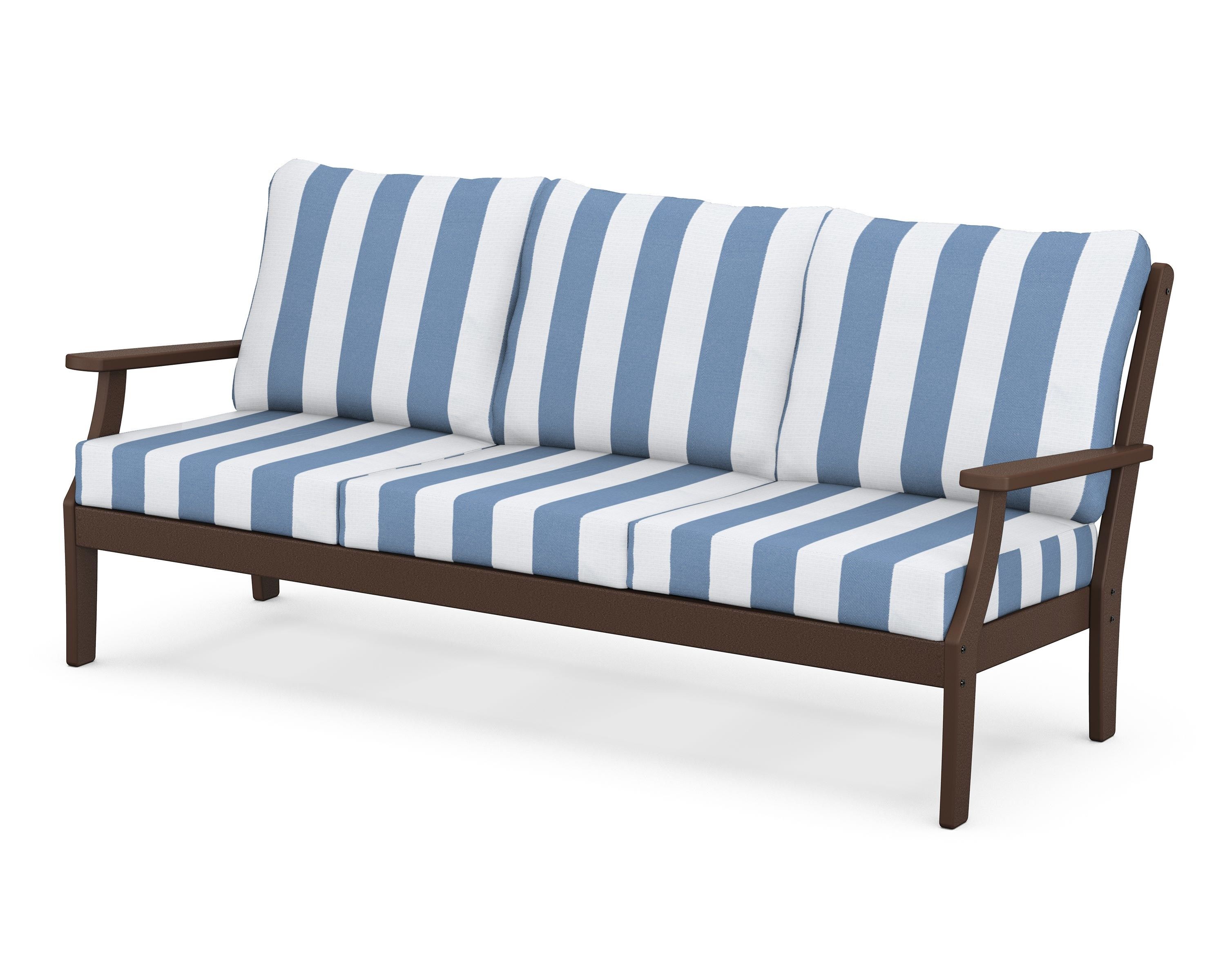 POLYWOOD® Braxton Deep Seating Sofa in Mahogany / Cabana Stripe Sky Blue