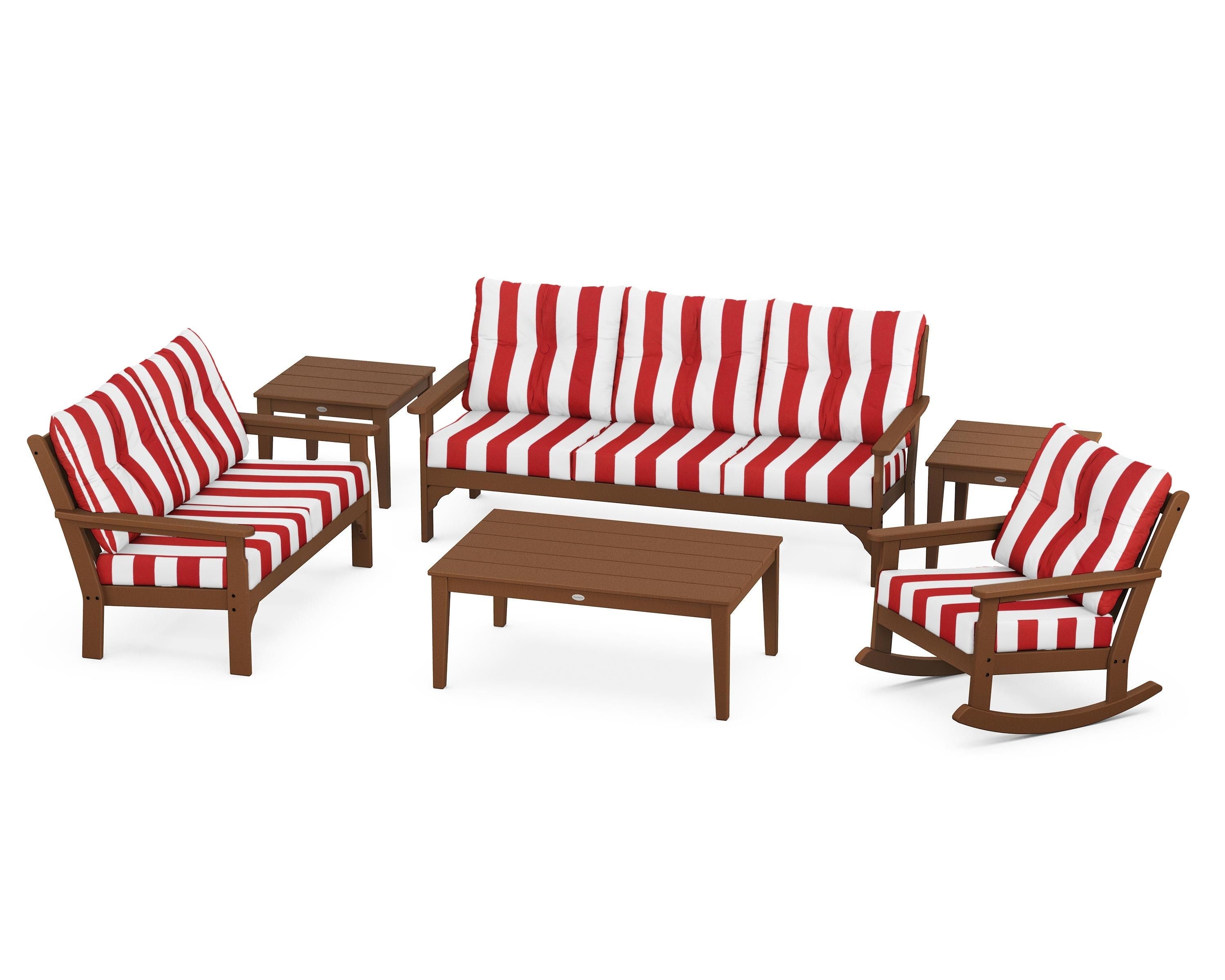 POLYWOOD® Vineyard 6-Piece Deep Seating Set in Teak / Cabana Stripe Crimson