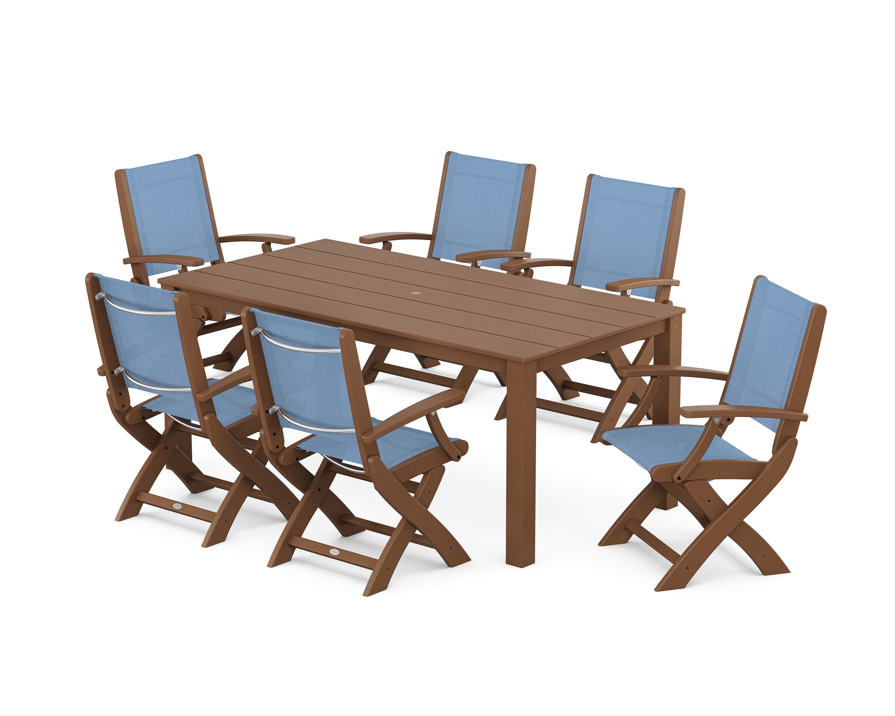 POLYWOOD® Coastal Folding Chair 7-Piece Parsons Dining Set in Teak / Poolside Sling