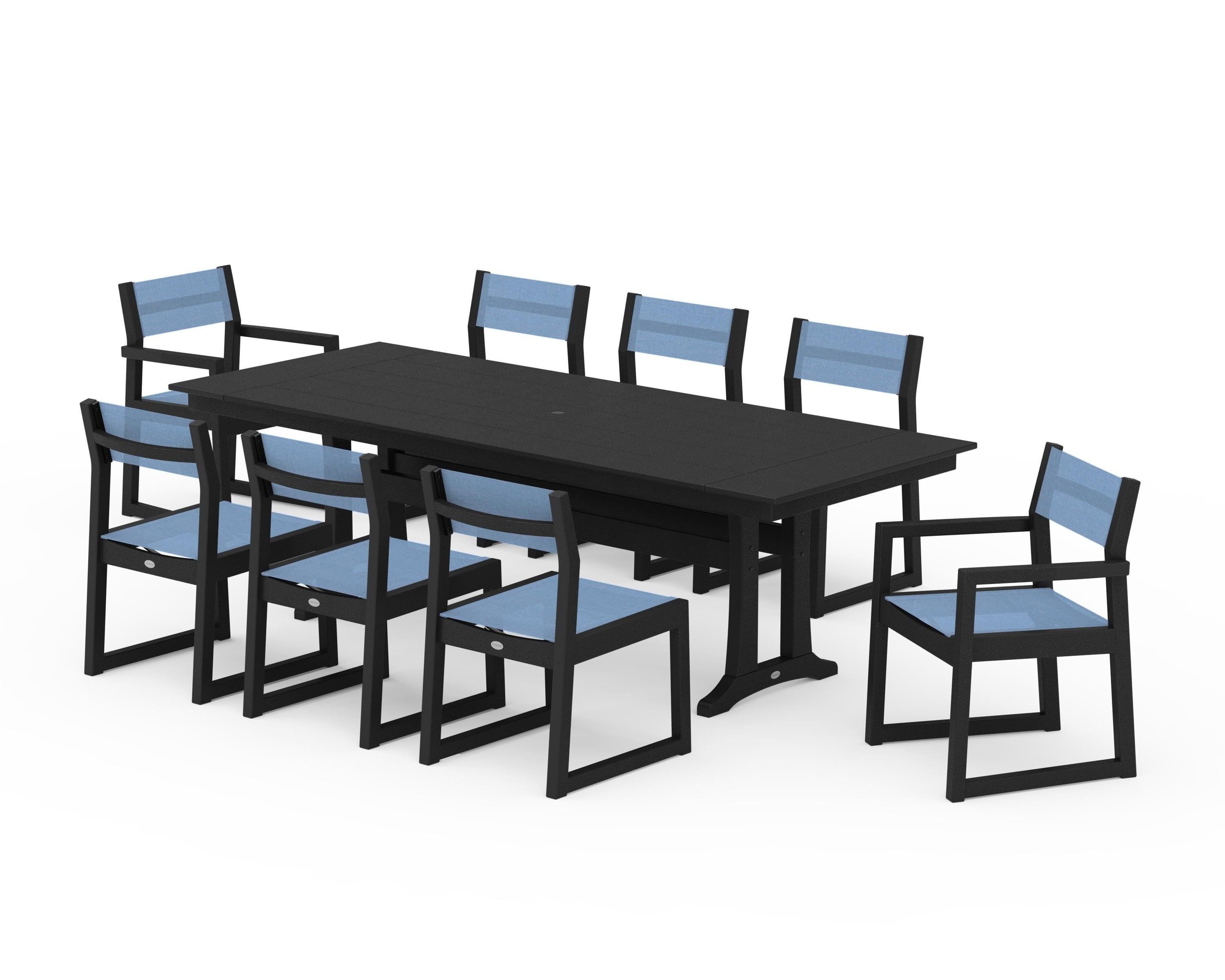 POLYWOOD® EDGE Sling 9-Piece Farmhouse Trestle Dining Set in Black / Poolside Sling