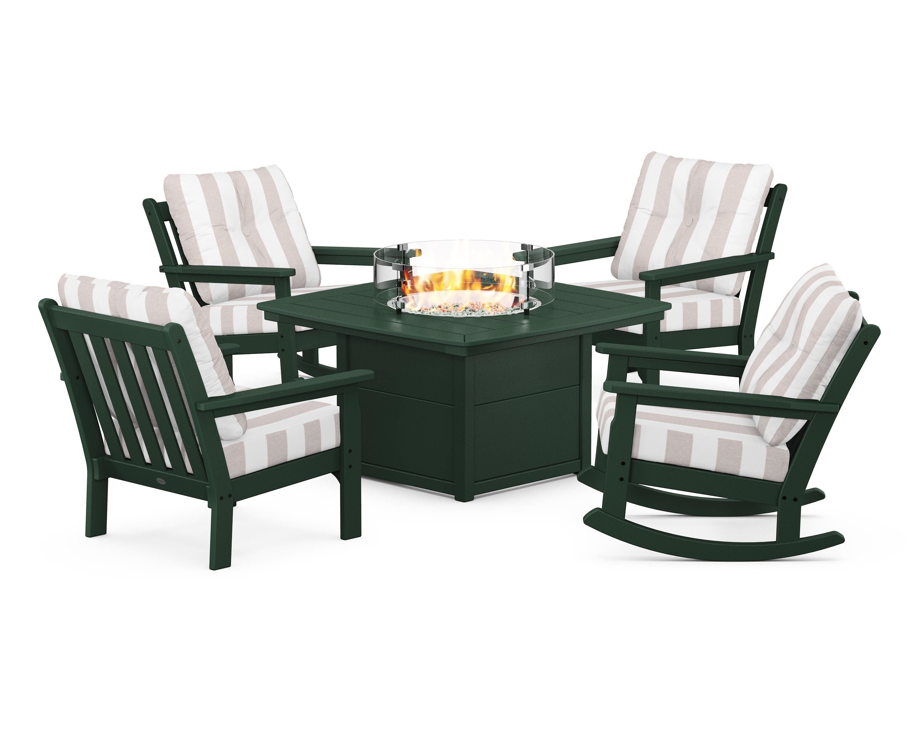 POLYWOOD® Vineyard 5-Piece Deep Seating Rocking Chair Conversation Set with Fire Pit Table in Green / Cabana Stripe Dune Burlap