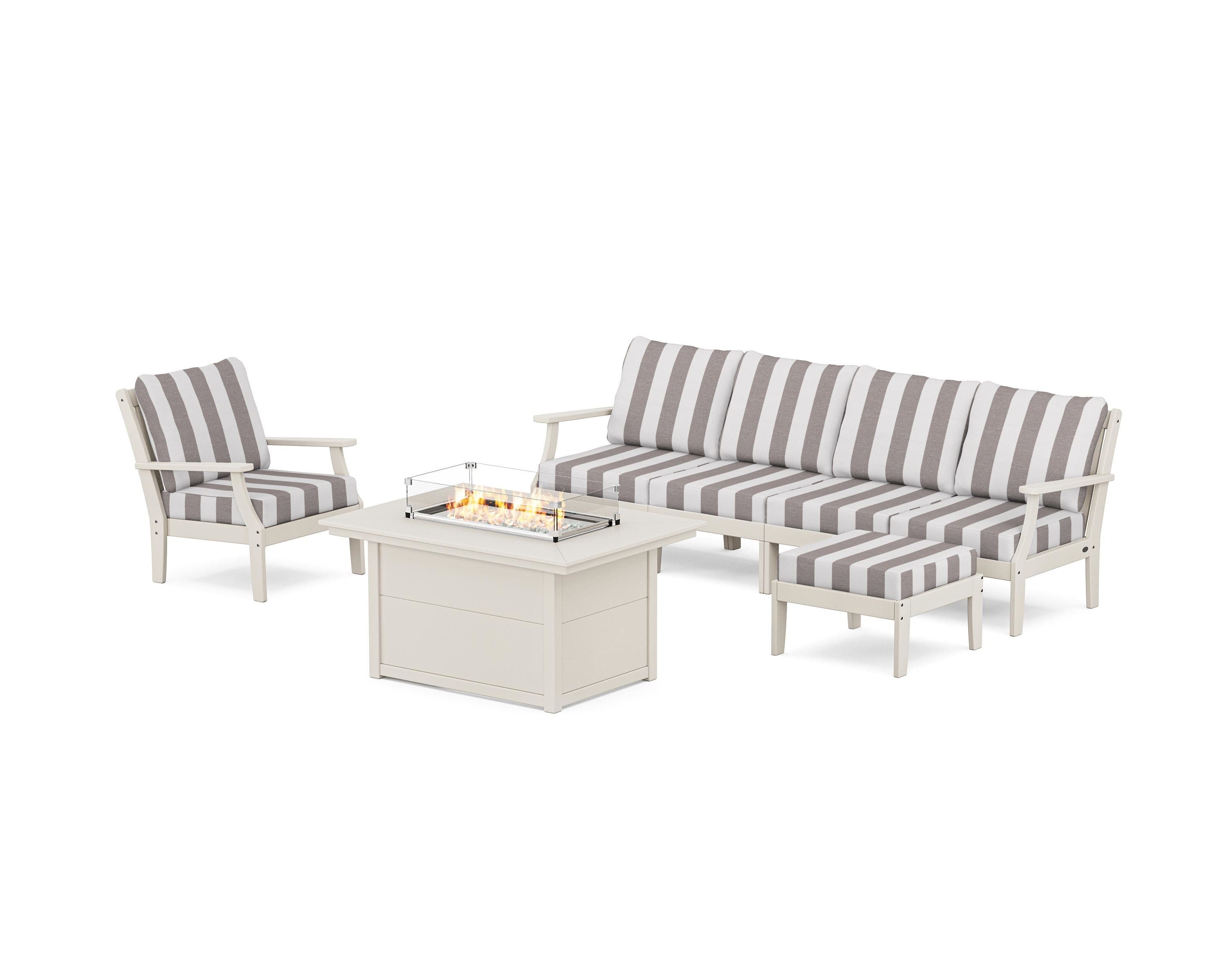 POLYWOOD® Braxton Sectional Lounge and Fire Pit Set in Sand / Cabana Stripe Grey Mist