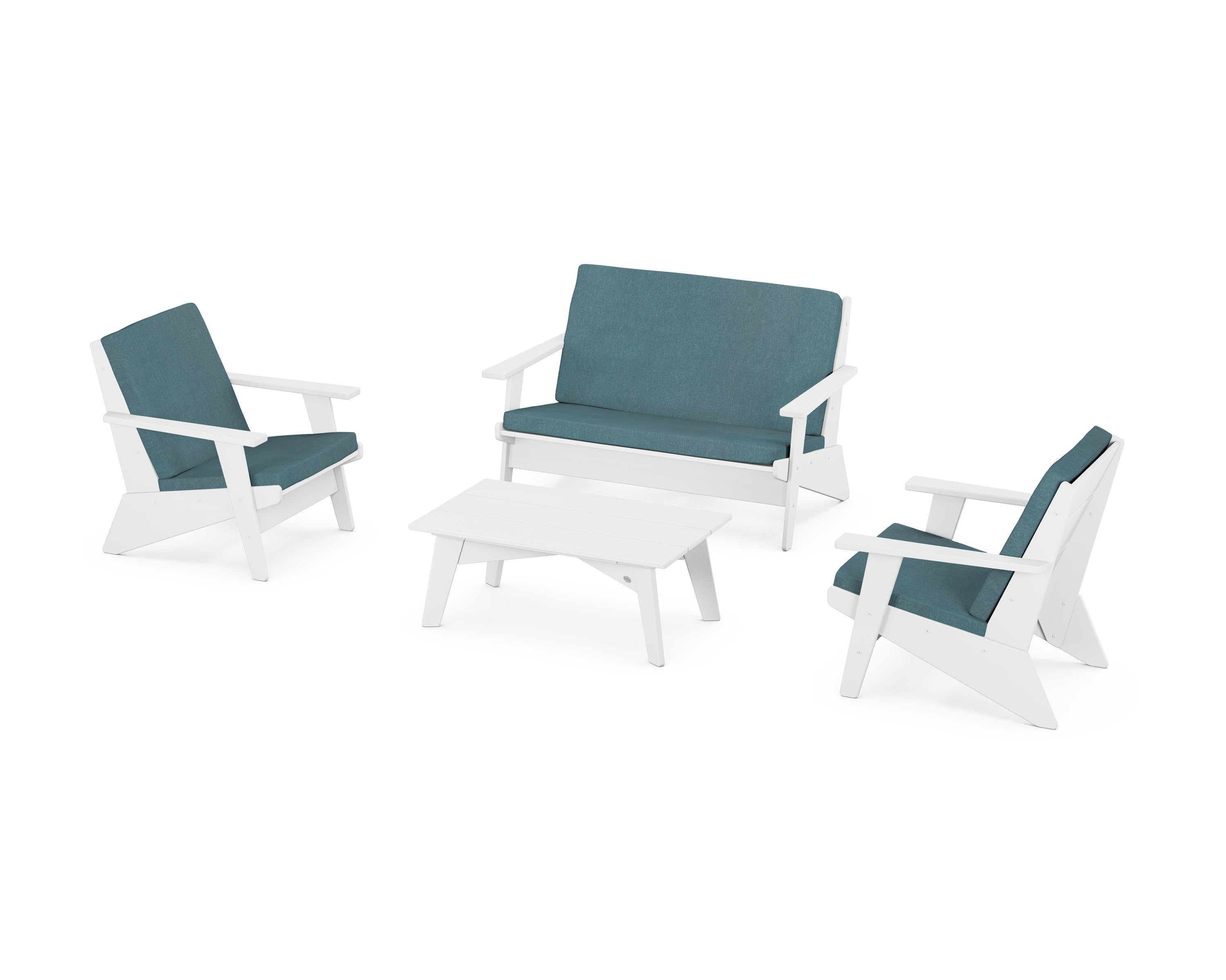 POLYWOOD® Riviera Modern Lounge 4-Piece Set in White / Ocean Teal