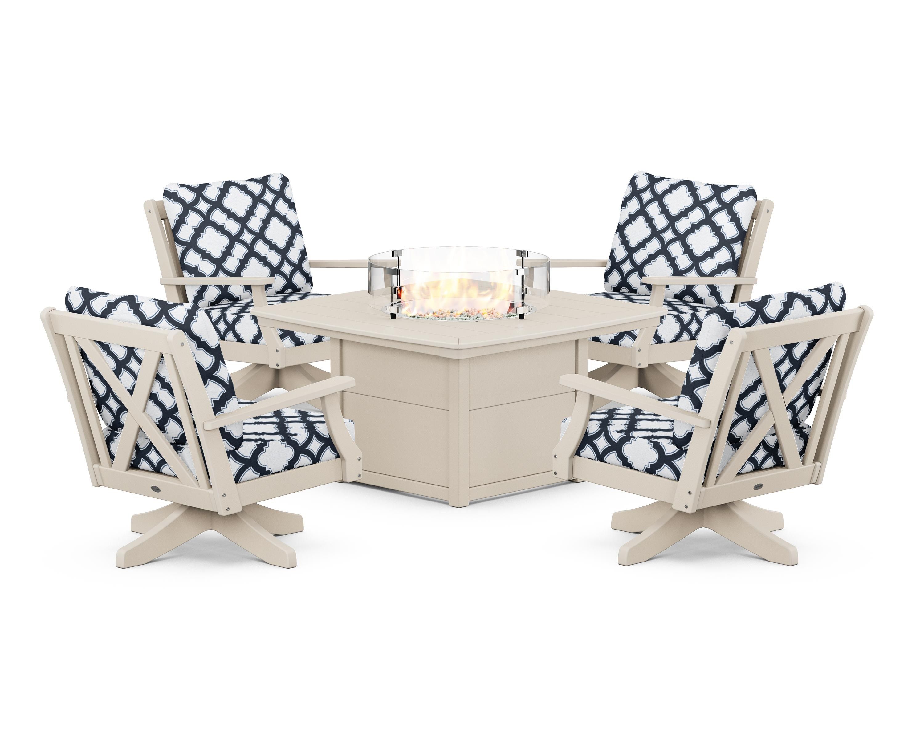 POLYWOOD® Braxton 5-Piece Deep Seating Swivel Conversation Set with Fire Pit Table in Sand / Trellis Marine Indigo