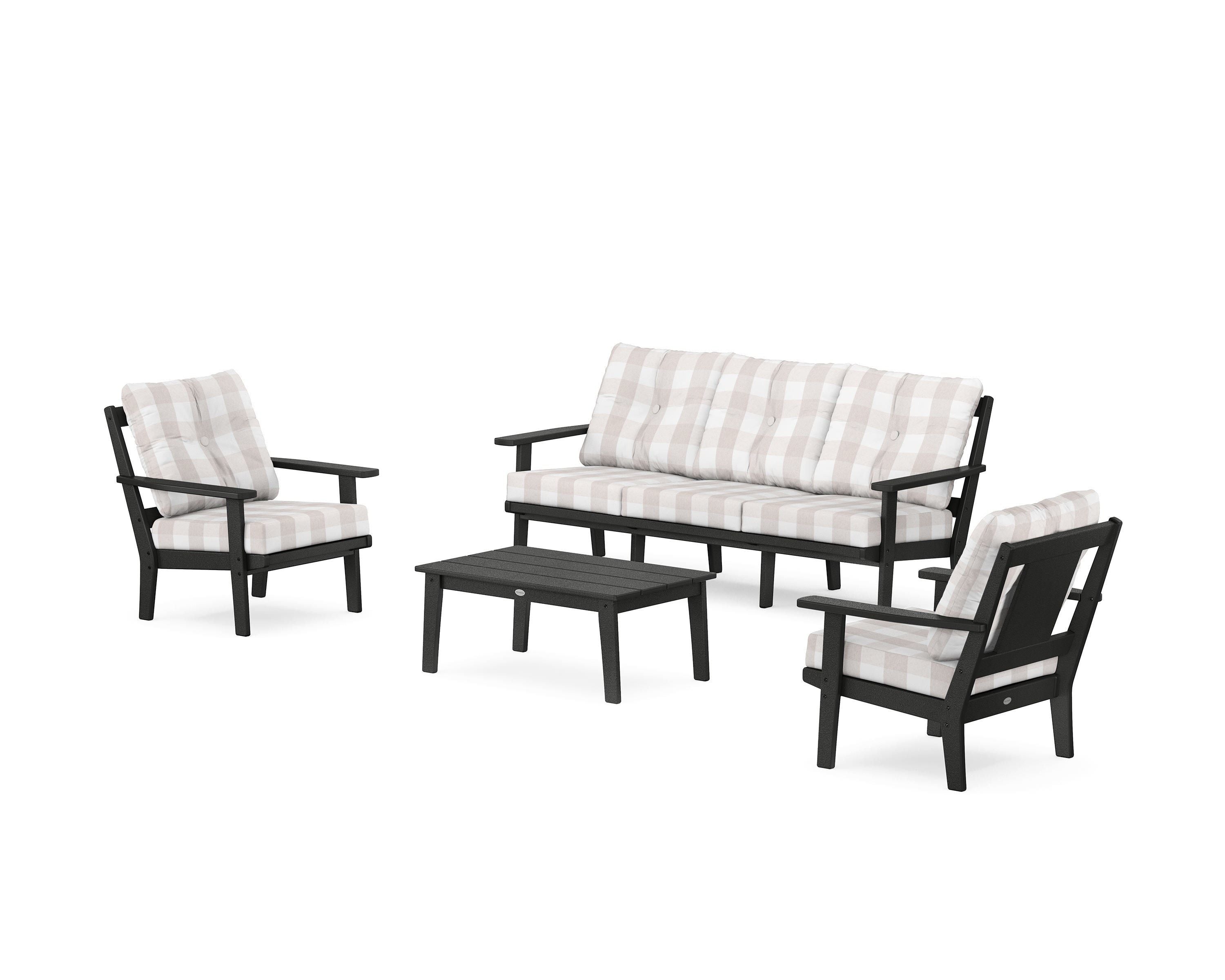 POLYWOOD® Prairie 4-Piece Deep Seating Set with Sofa in Black / Buffalo Plaid Dune Burlap