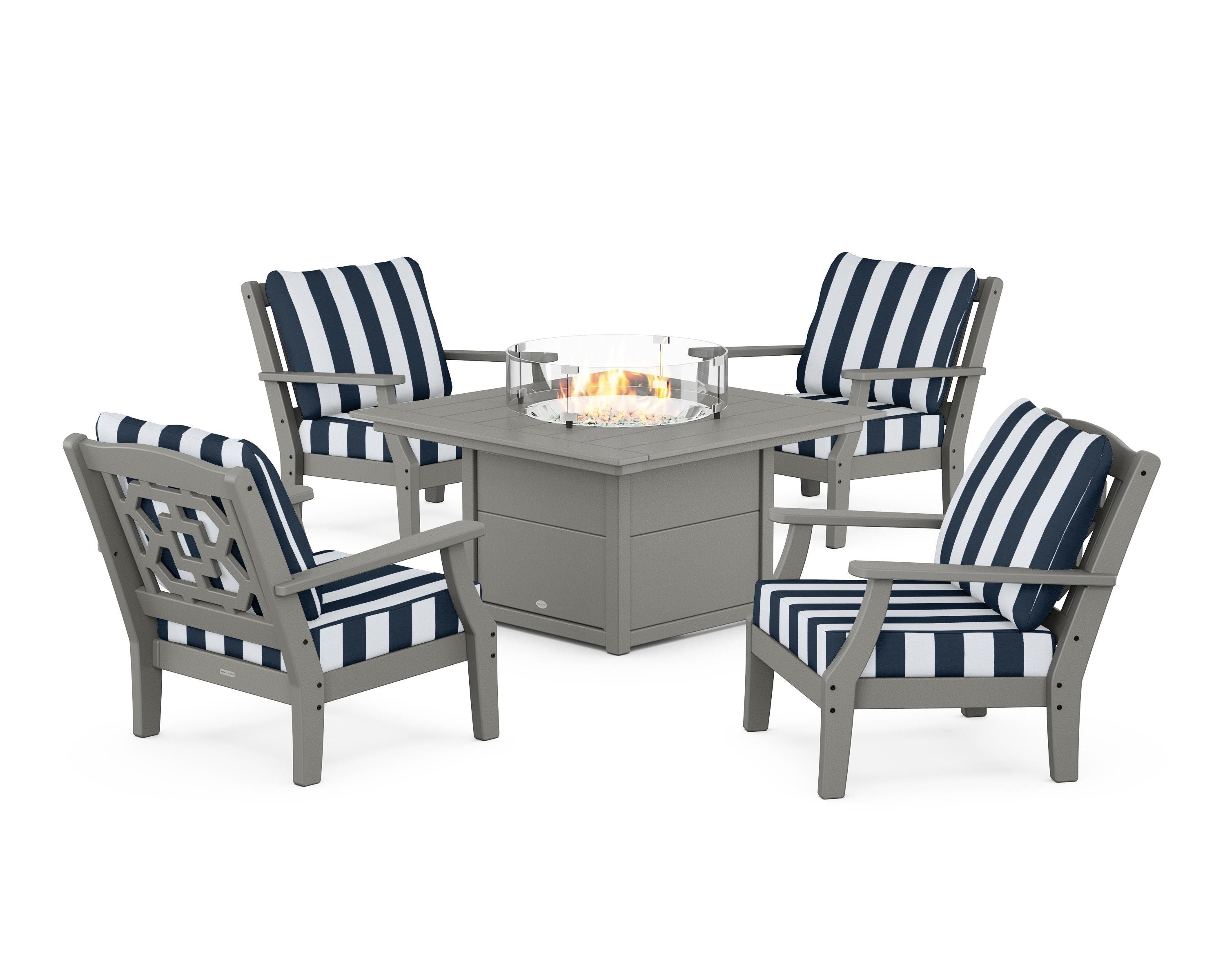 Martha Stewart by POLYWOOD® Chinoiserie 5-Piece Deep Seating Set with Fire Pit Table in Slate Grey / Cabana Stripe Marine Indigo