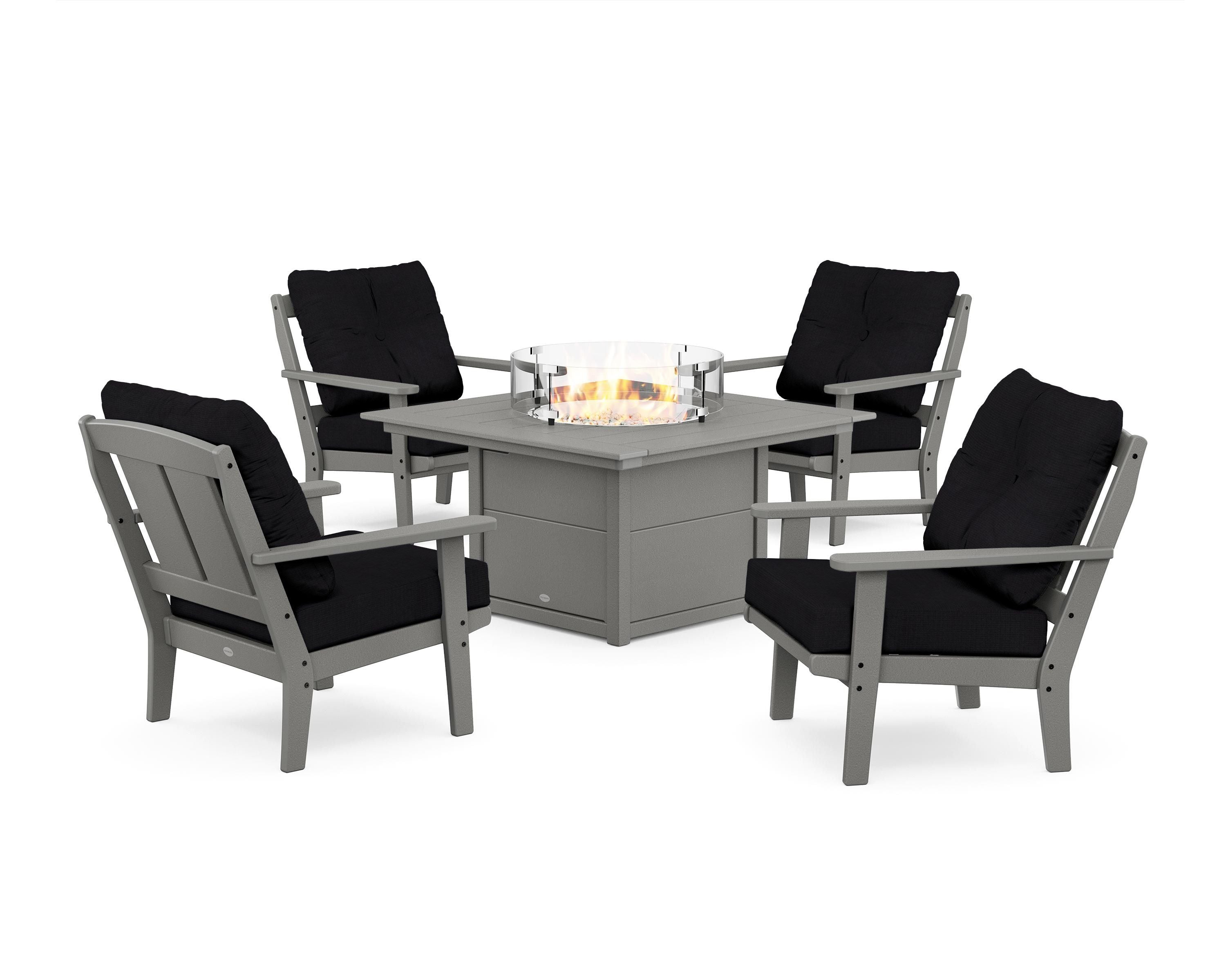POLYWOOD® Mission 5-Piece Deep Seating Set with Fire Pit Table in Slate Grey / Midnight Linen