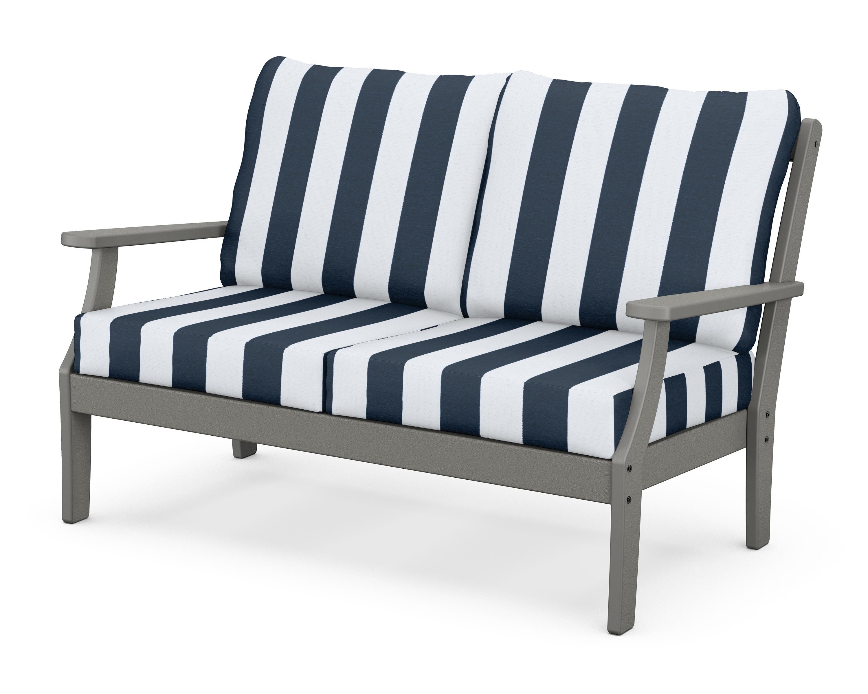 POLYWOOD® Braxton Deep Seating Loveseat in Slate Grey / Cabana Stripe Marine Indigo