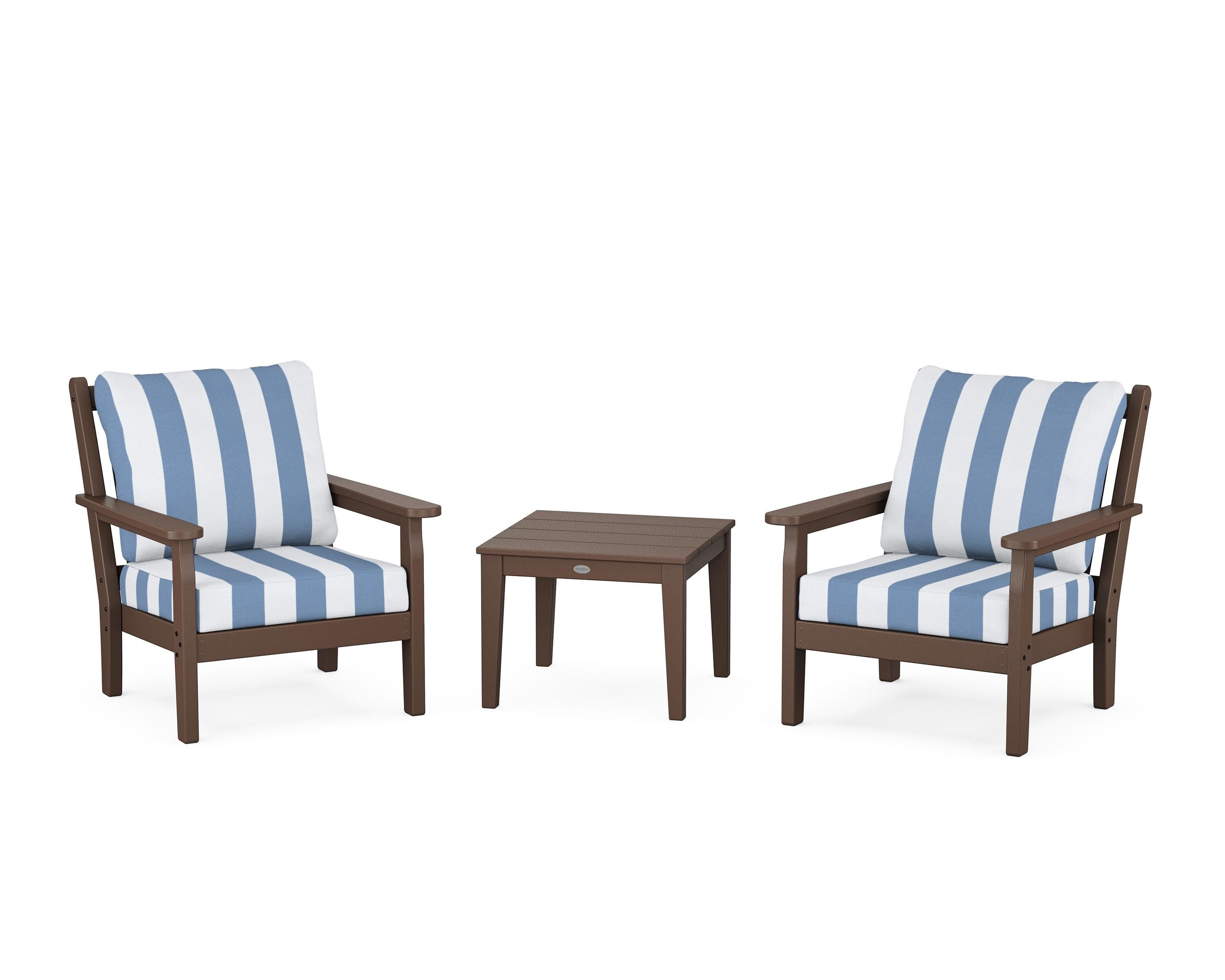 POLYWOOD® Chippendale 3-Piece Deep Seating Set in Mahogany / Cabana Stripe Sky Blue