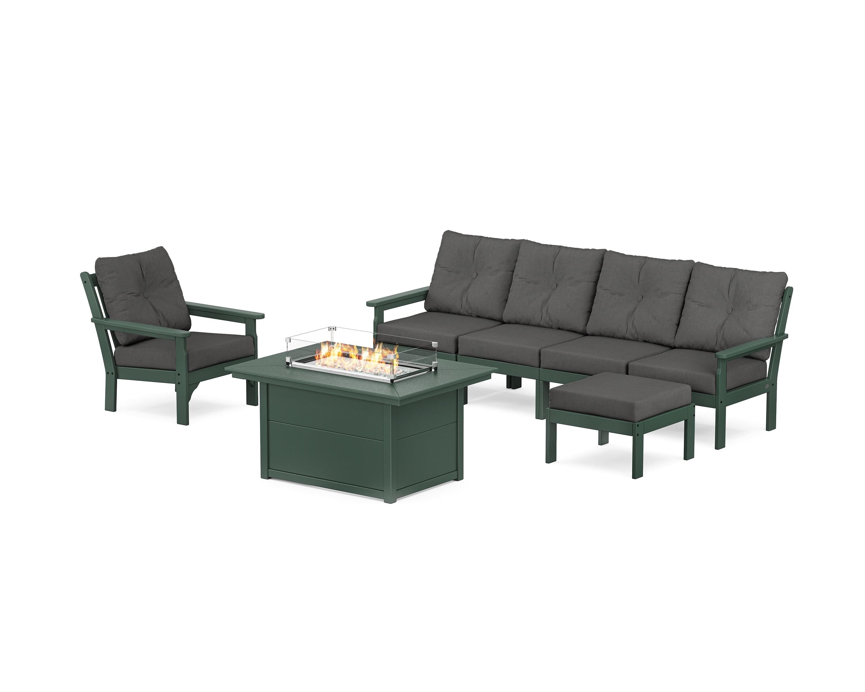 POLYWOOD® Vineyard Sectional Lounge and Fire Pit Set in Green / Spectrum Carbon