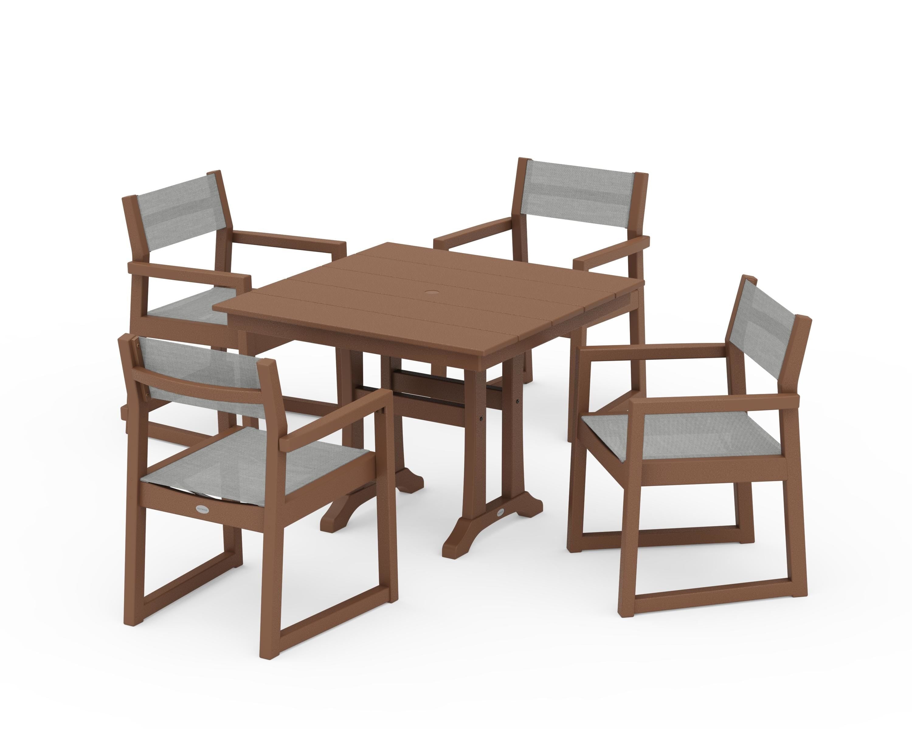 POLYWOOD® EDGE Sling 5-Piece Farmhouse Dining Set with Trestle Legs in Teak / Metallic Sling