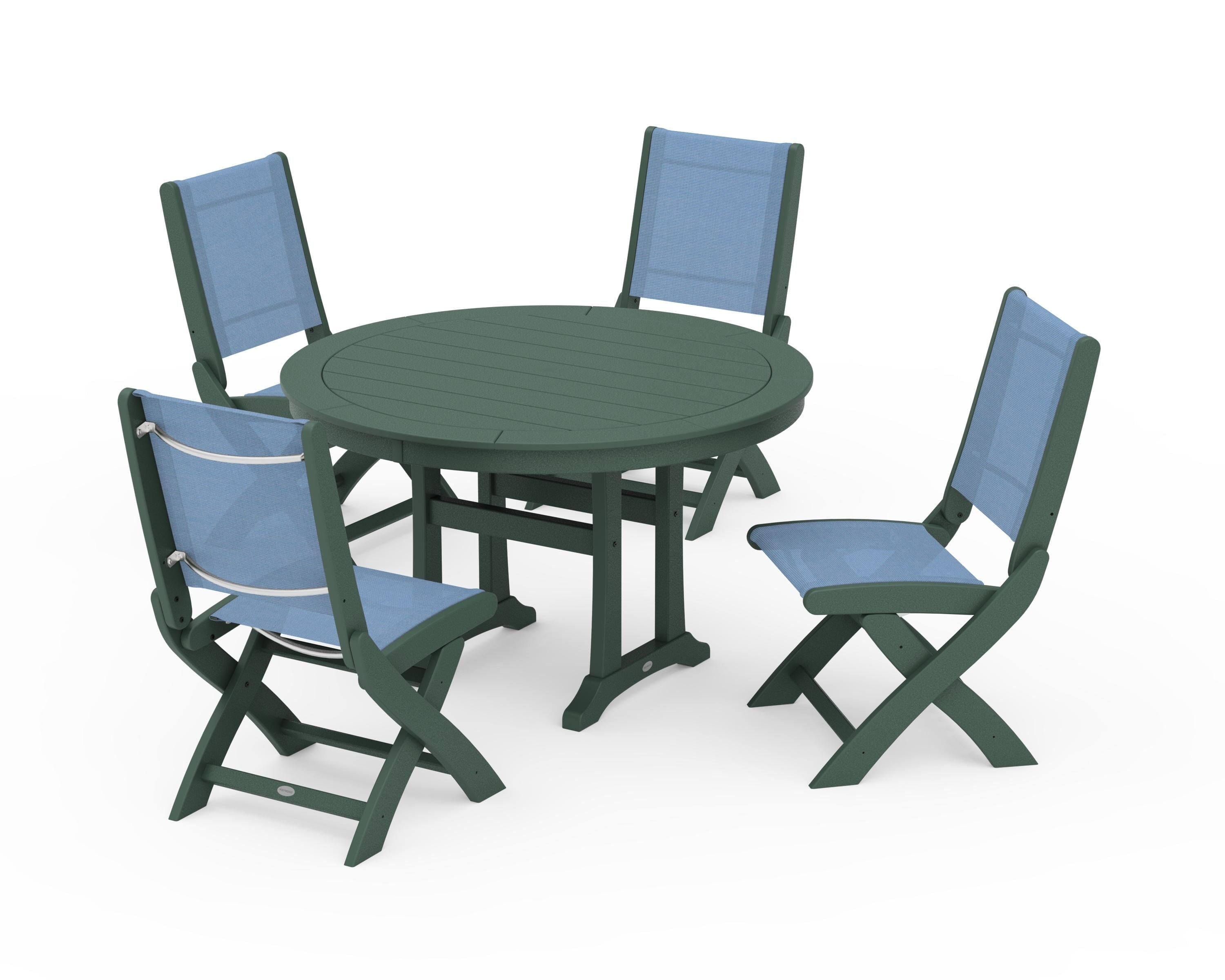POLYWOOD® Coastal Folding Side Chair 5-Piece Round Dining Set With Trestle Legs in Green / Poolside Sling