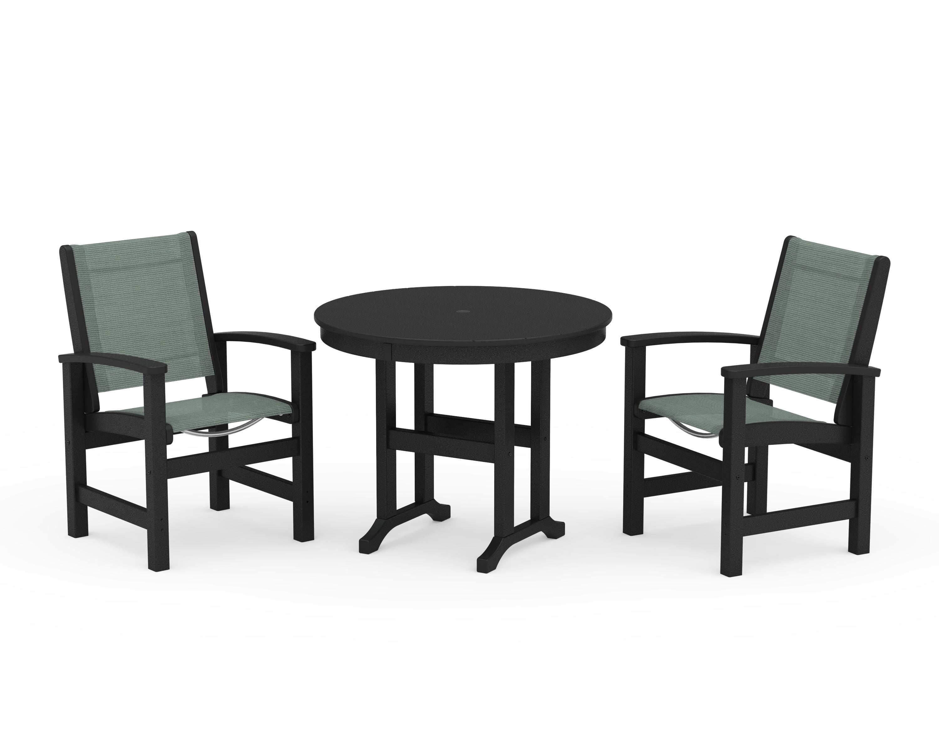 POLYWOOD® Coastal 3-Piece Round Dining Set in Black / Dupioni Sea Mist Sling