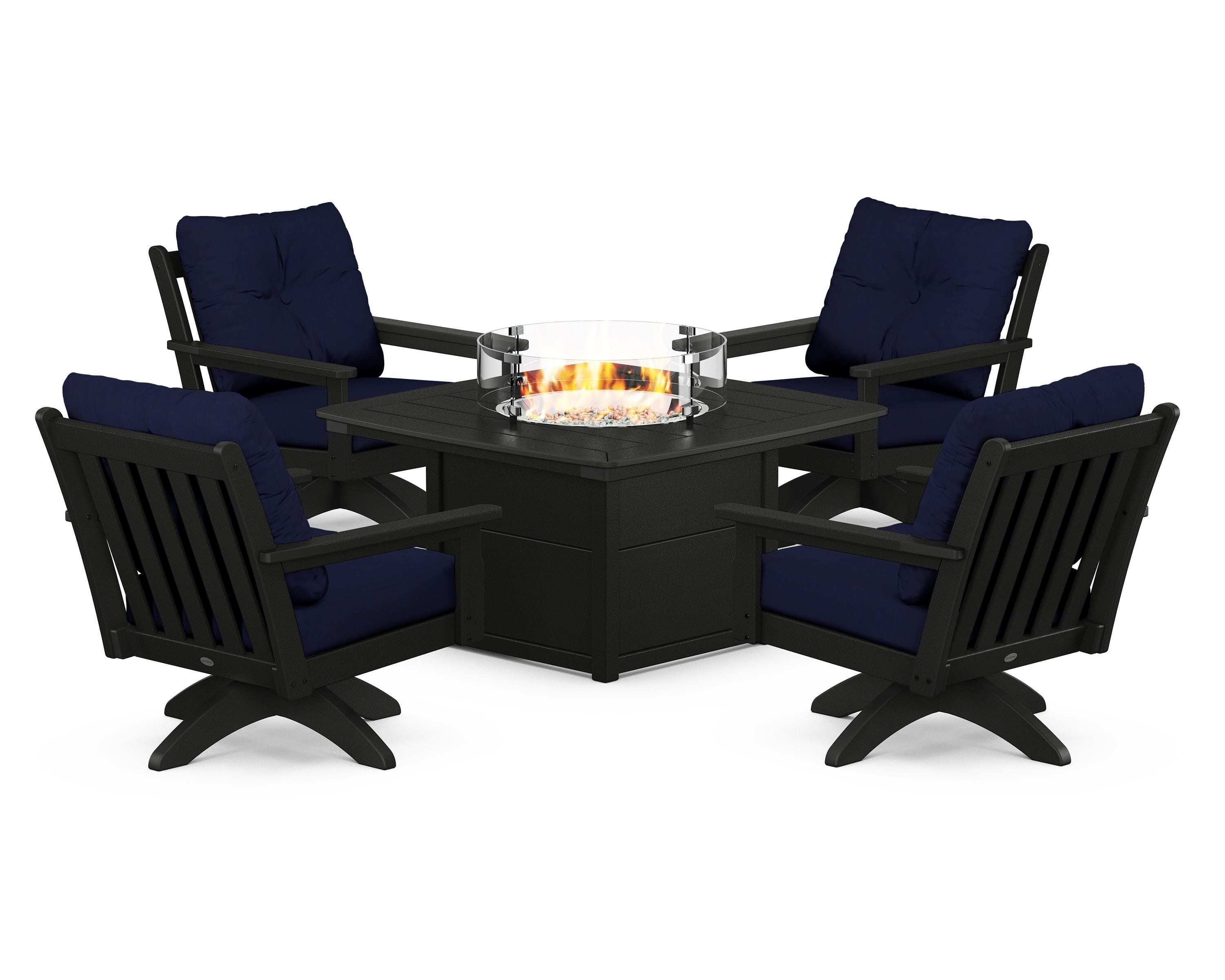 POLYWOOD® Vineyard 5-Piece Deep Seating Swivel Conversation Set with Fire Pit Table in Black / Navy