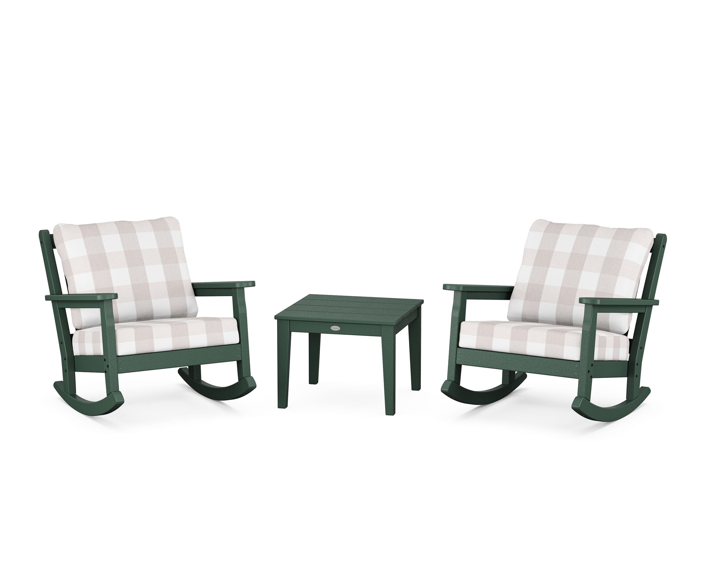 POLYWOOD® Chippendale 3-Piece Deep Seating Rocker Set in Green / Buffalo Plaid Dune Burlap