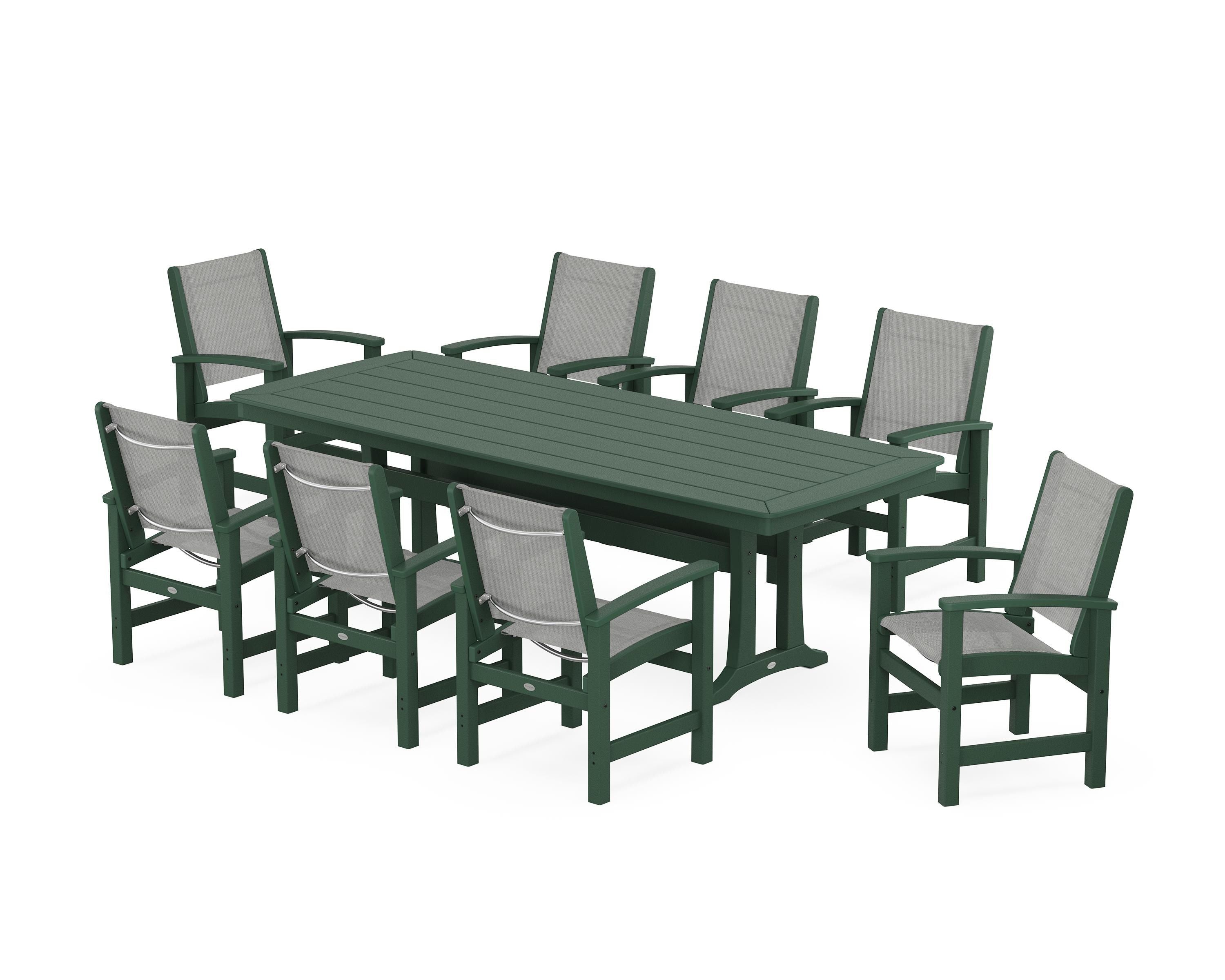 POLYWOOD® Coastal 9-Piece Dining Set with Trestle Legs in Green / Metallic Sling